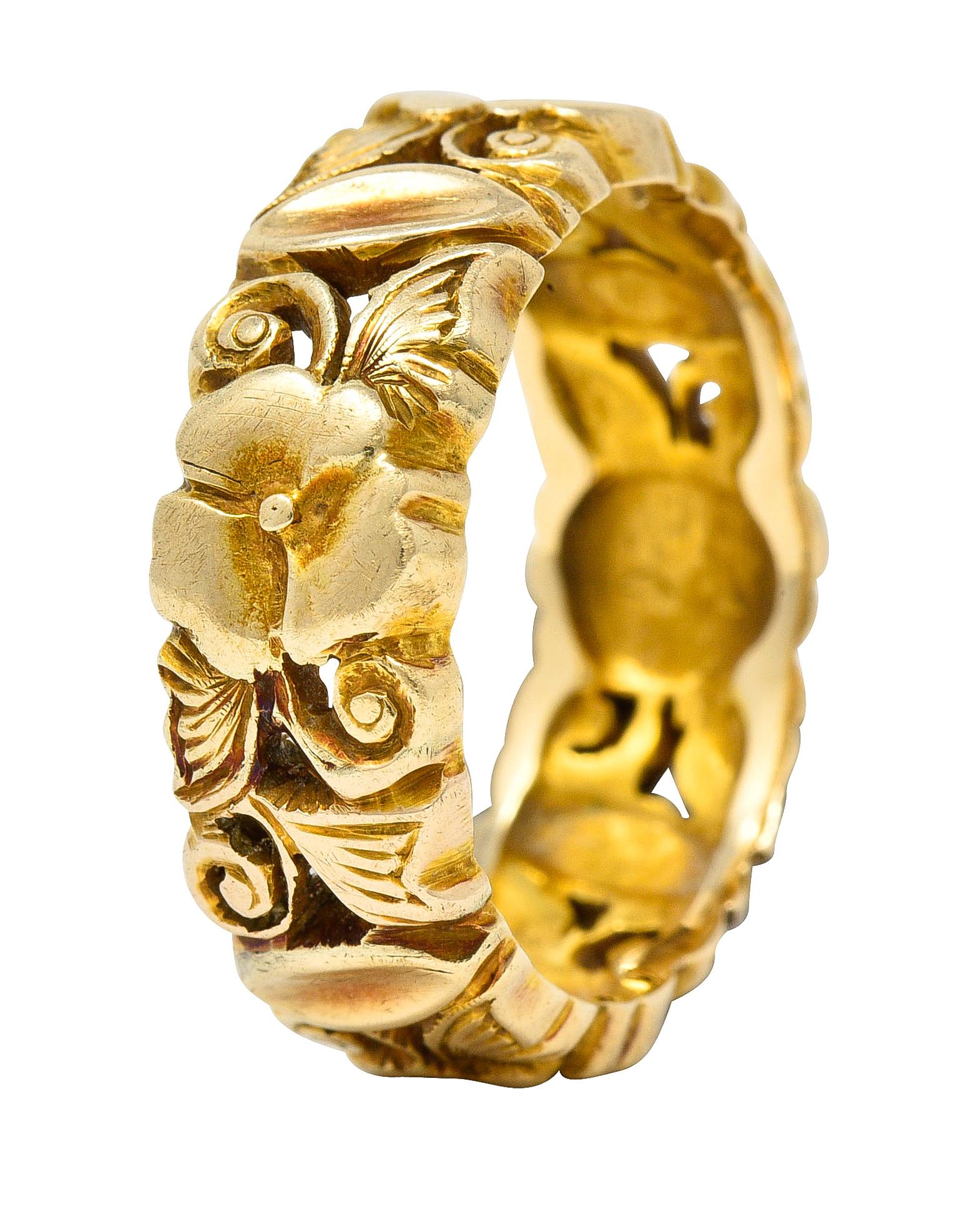 Art Nouveau 14 Karat Yellow Gold Pansy Antique Floral Eternity Band Ring 1