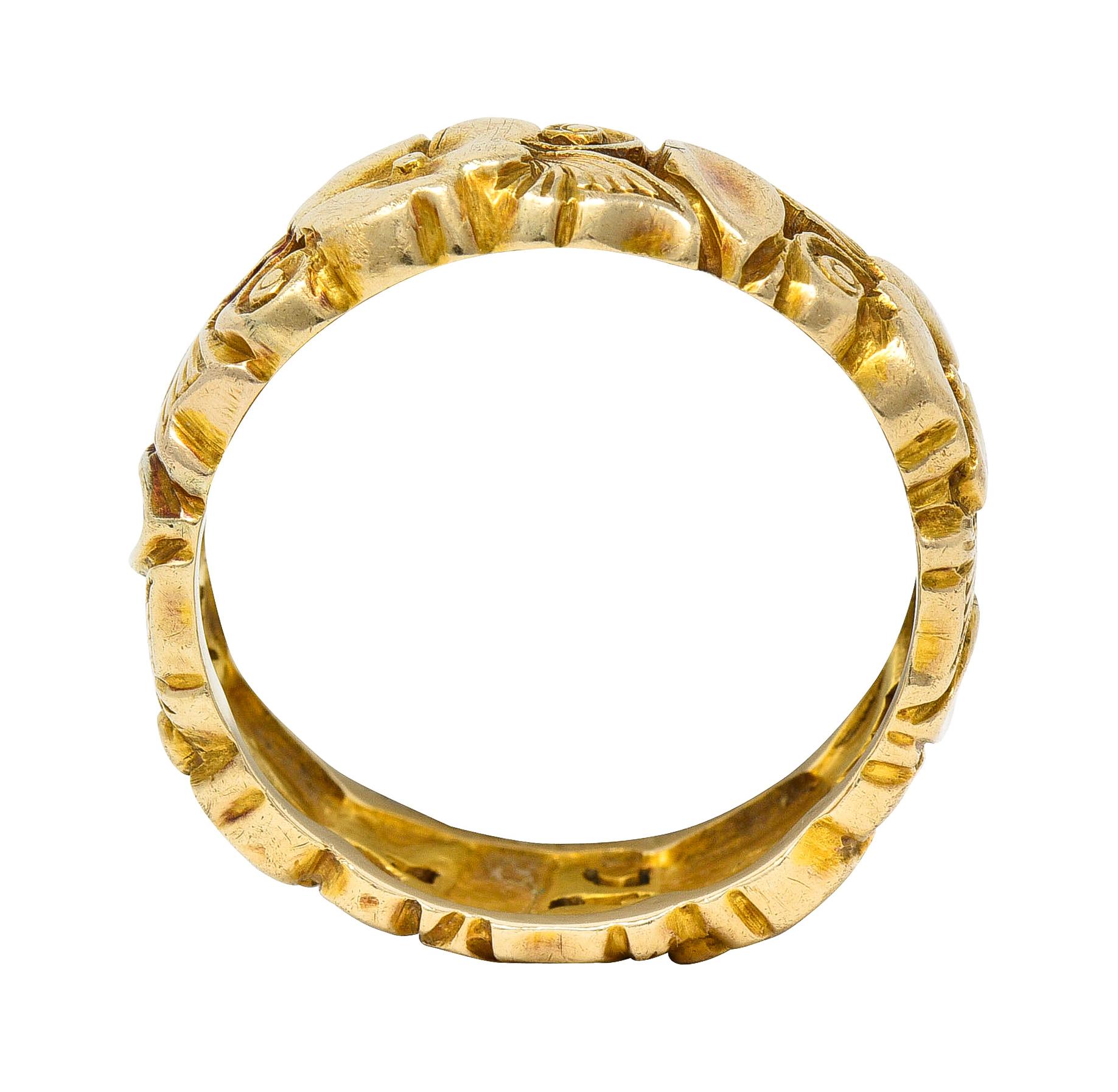 Art Nouveau 14 Karat Yellow Gold Pansy Antique Floral Eternity Band Ring 2