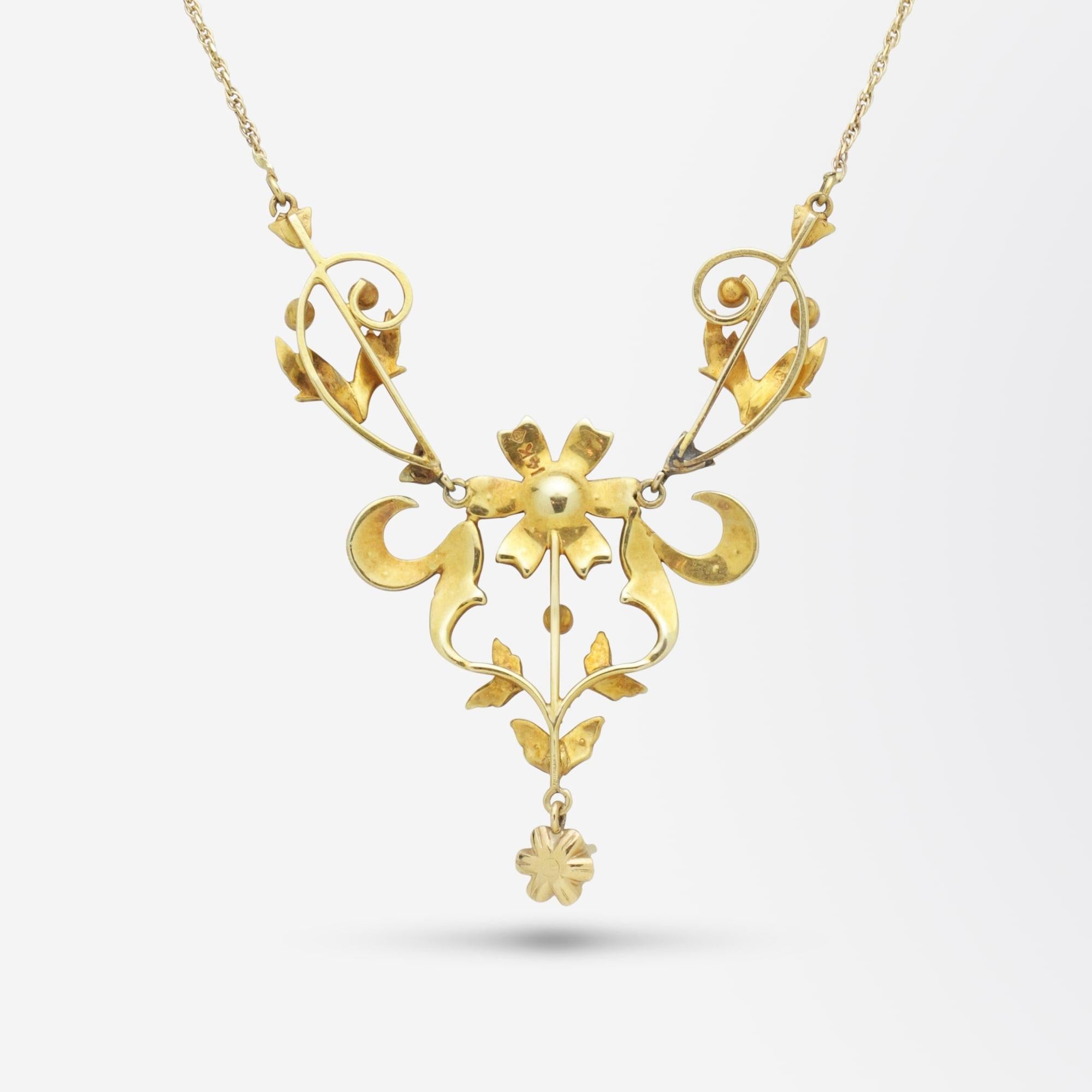 Lavalier-Halskette im Jugendstil, 14 Karat Gelbgold, Peridot und Perle (Art nouveau) im Angebot