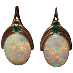 Art Nouveau, 14.00 Carat Australian Opal and .80 Carat Emeralds, Fire Color