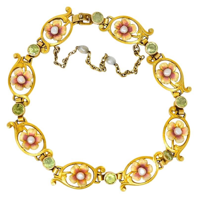 Art Nouveau 1.44 Carat Peridot Enamel Pearl 14 Karat Gold Link Bracelet