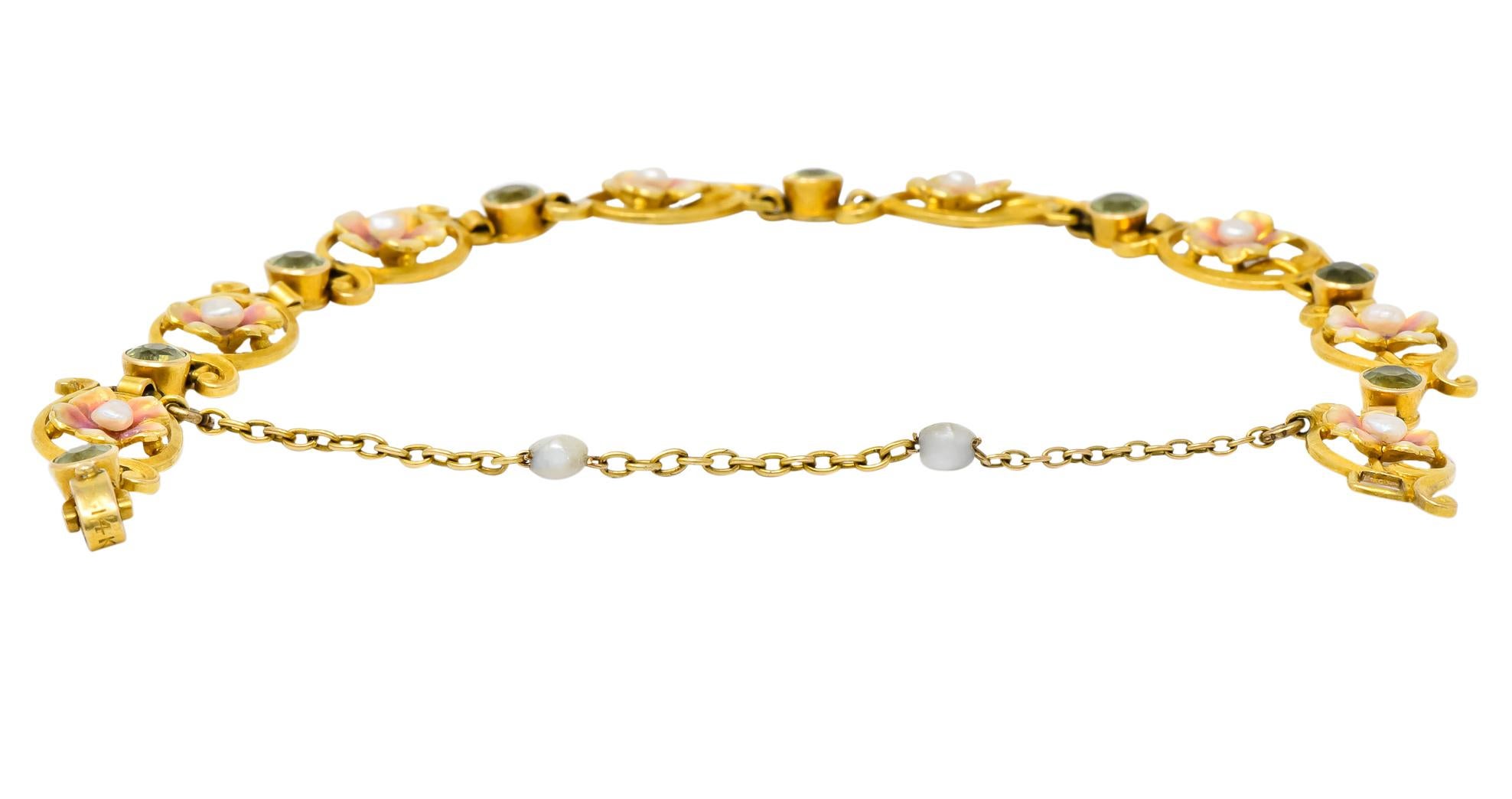 Round Cut Art Nouveau 1.44 Carat Peridot Enamel Pearl 14 Karat Gold Link Bracelet