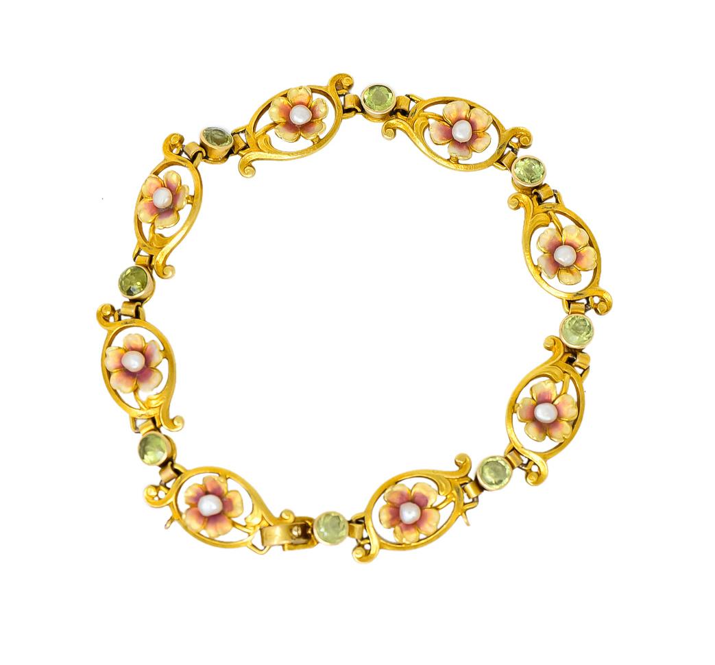 Art Nouveau 1.44 Carat Peridot Enamel Pearl 14 Karat Gold Link Bracelet 1