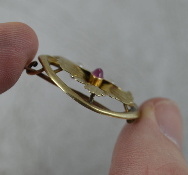 Art Nouveau 14 Carat Rose Gold Ruby Cabochon and Pearl Brooch In Good Condition For Sale In St Helens, GB