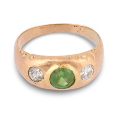 Art Nouveau 14k Demantoid Garnet & Diamond Three Stone Ring