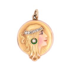 Art Nouveau 14k Diamant und Emaille Lady Locket Anhänger