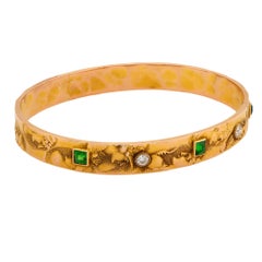 Art Nouveau 14k Diamond & Demantoid Repousse Bangle