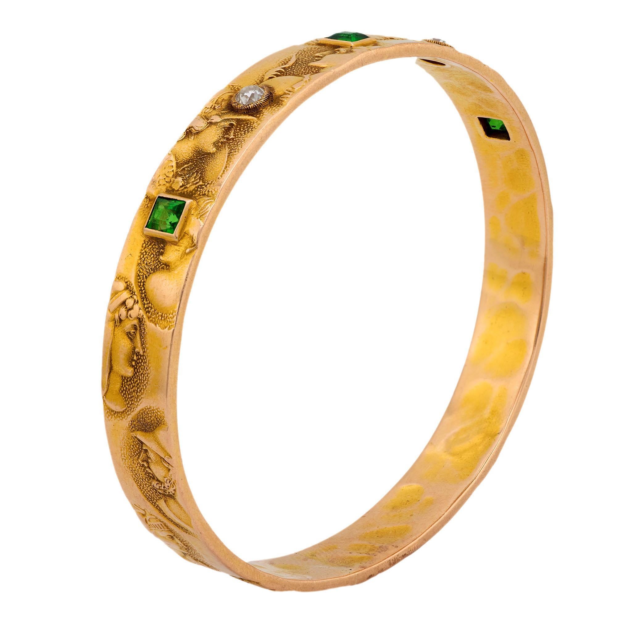 Uncut Art Nouveau 14k Diamond & Demantoid Repousse Bangle For Sale