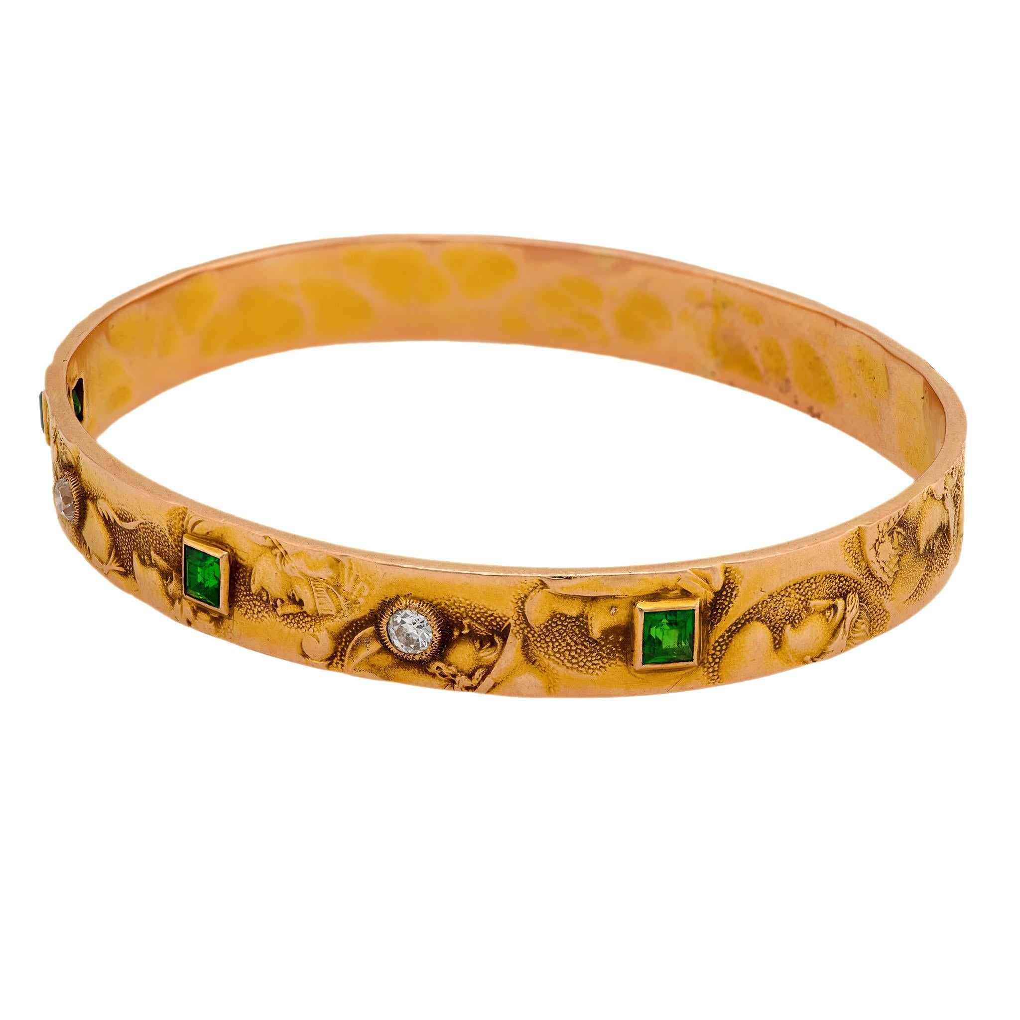 Art Nouveau 14k Diamond & Demantoid Repousse Bangle In Good Condition For Sale In Narberth, PA