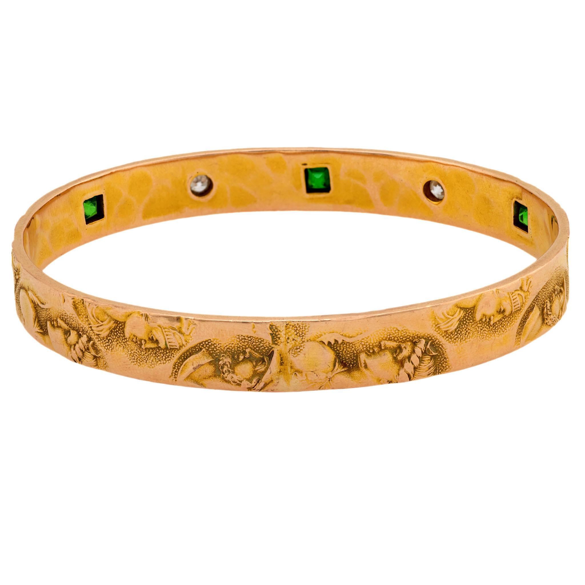Women's or Men's Art Nouveau 14k Diamond & Demantoid Repousse Bangle For Sale