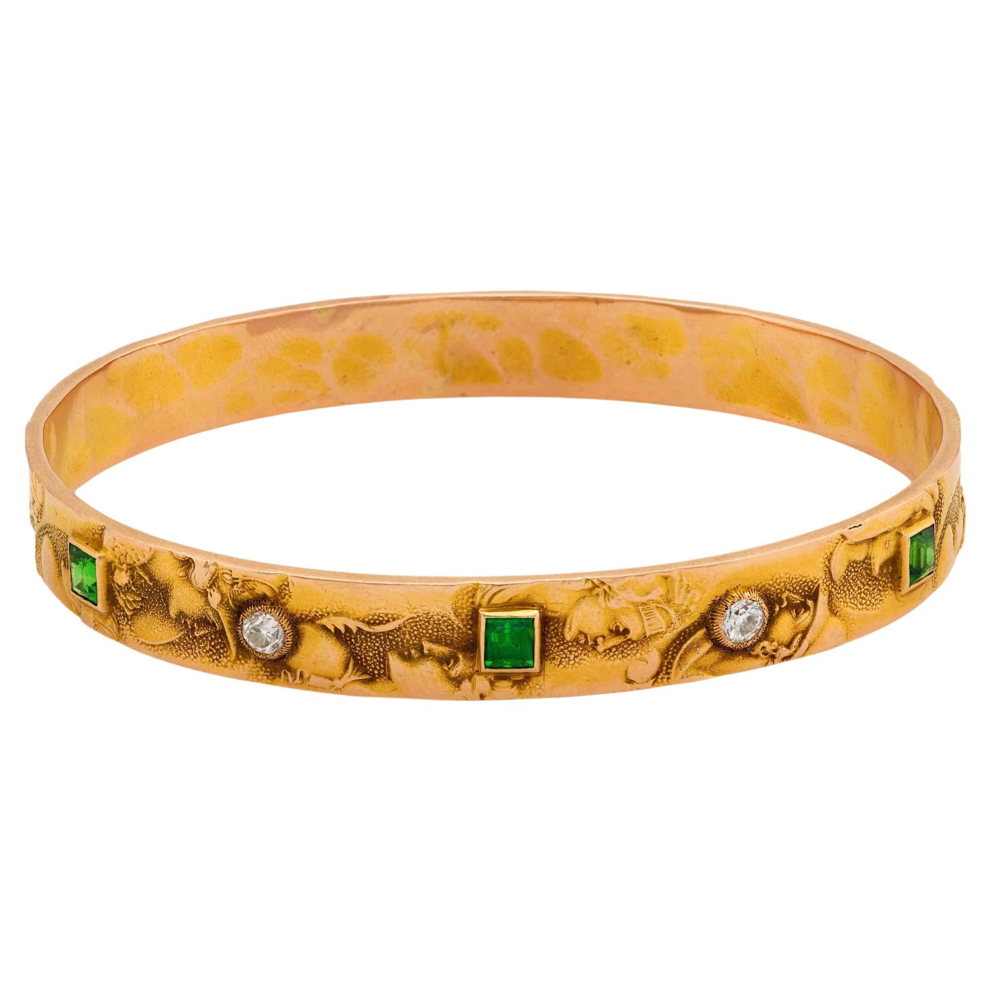 Art Nouveau 14k Diamond & Demantoid Repousse Bangle For Sale