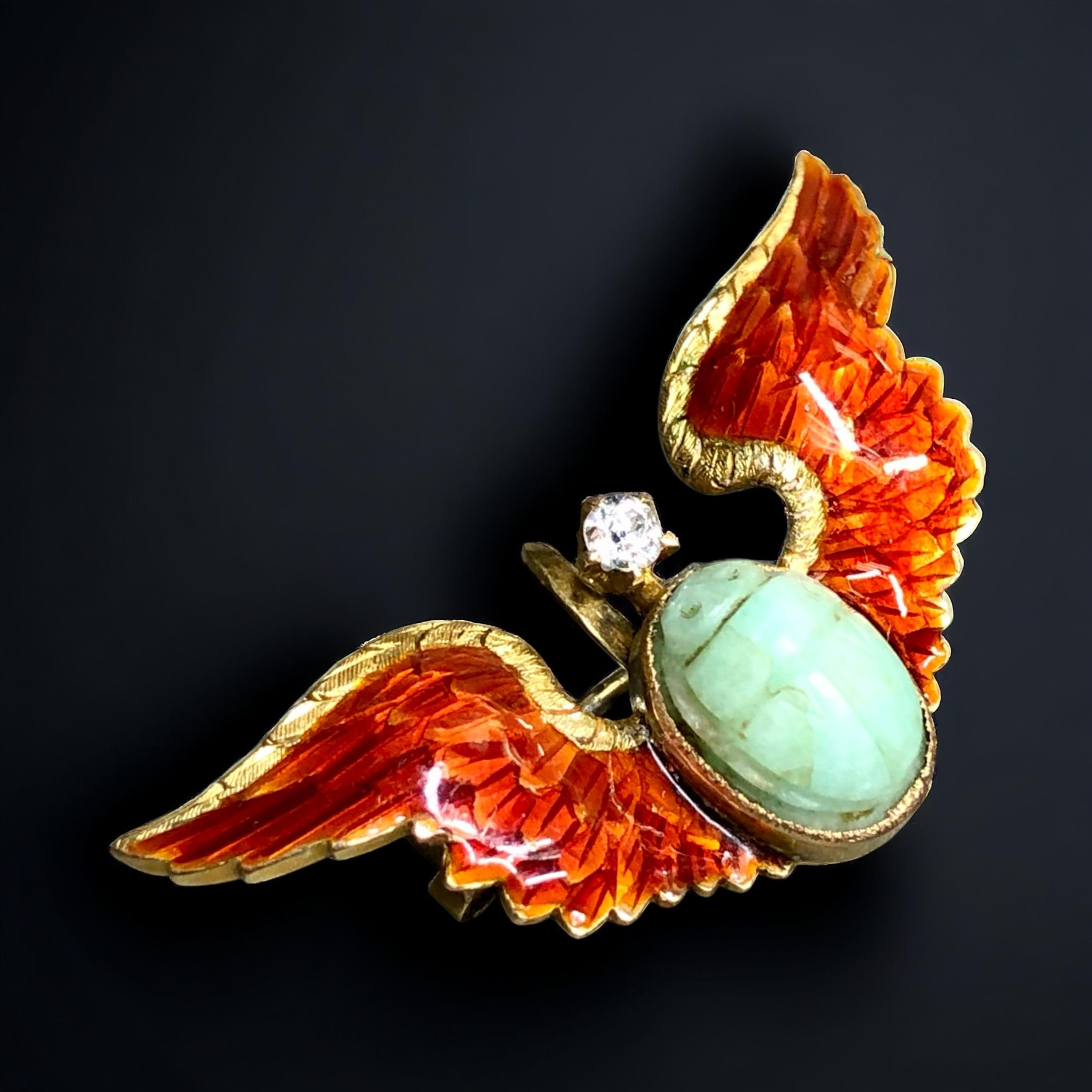 Old Mine Cut Art Nouveau 14K Enamel Old Mine Diamond Winged Turquoise Scarab Brooch For Sale