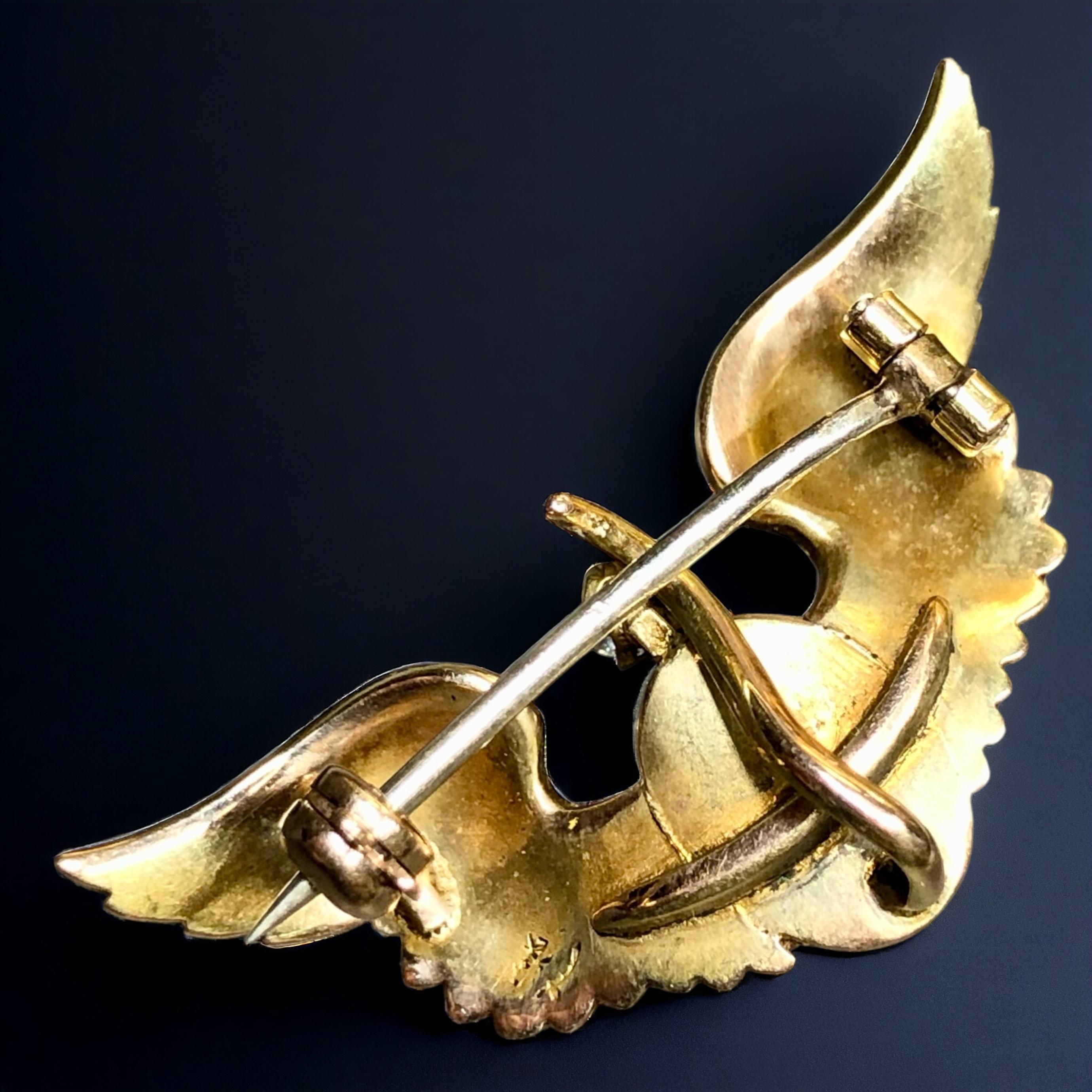Art Nouveau 14K Enamel Old Mine Diamond Winged Turquoise Scarab Brooch In Good Condition For Sale In Winter Springs, FL
