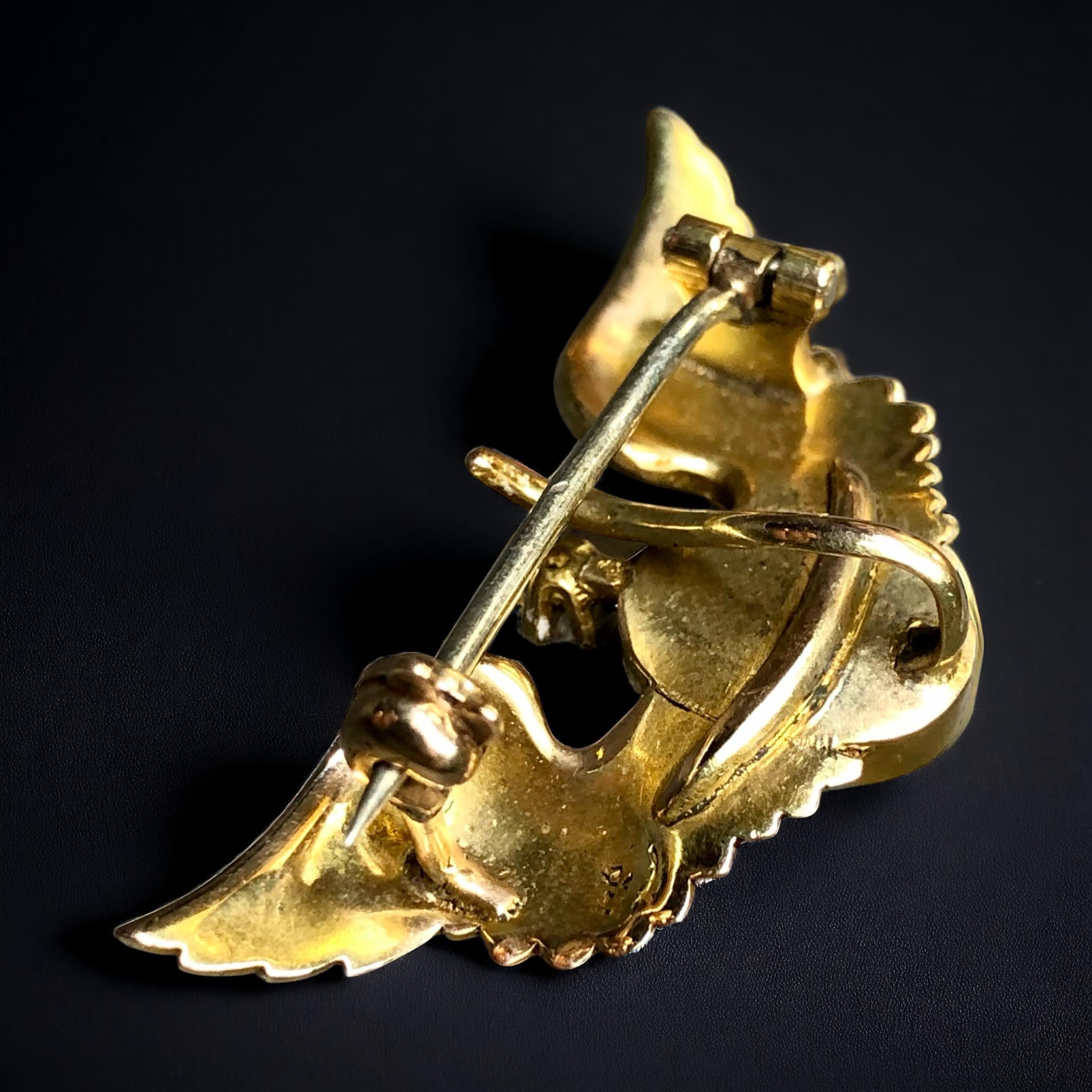 Art Nouveau 14K Enamel Old Mine Diamond Winged Turquoise Scarab Brooch For Sale 1