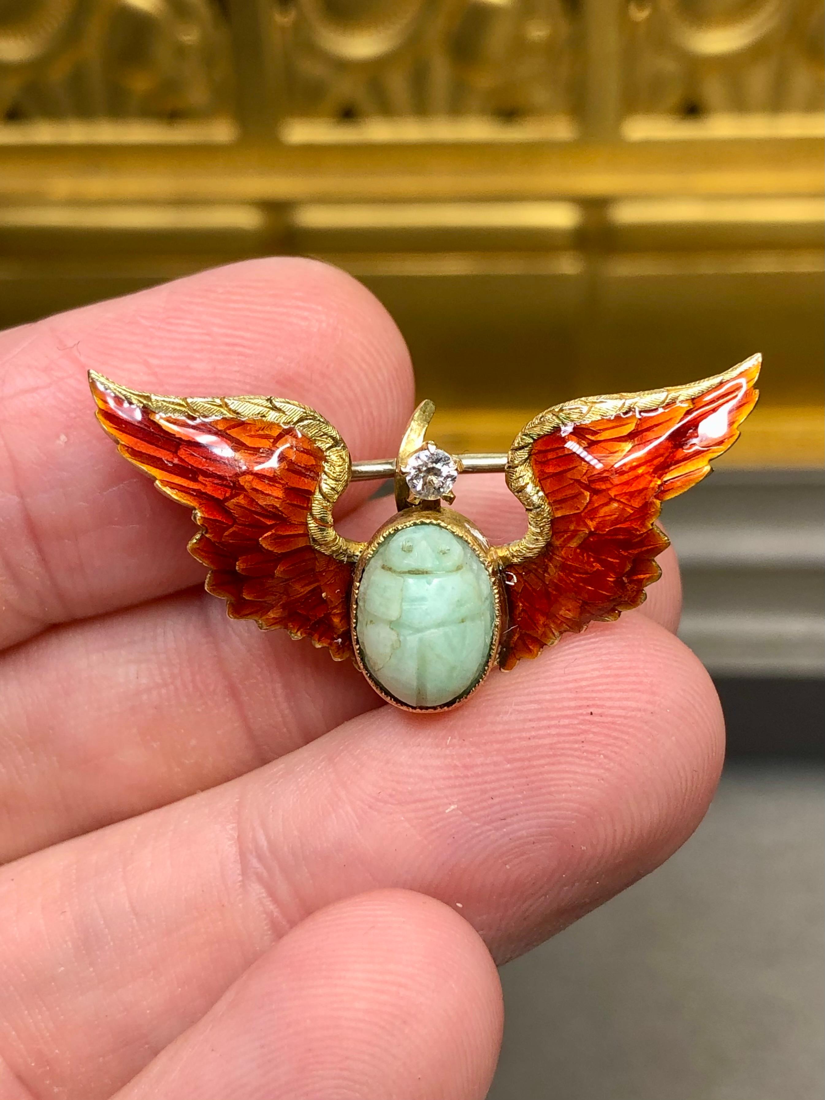 Art Nouveau 14K Enamel Old Mine Diamond Winged Turquoise Scarab Brooch For Sale 2
