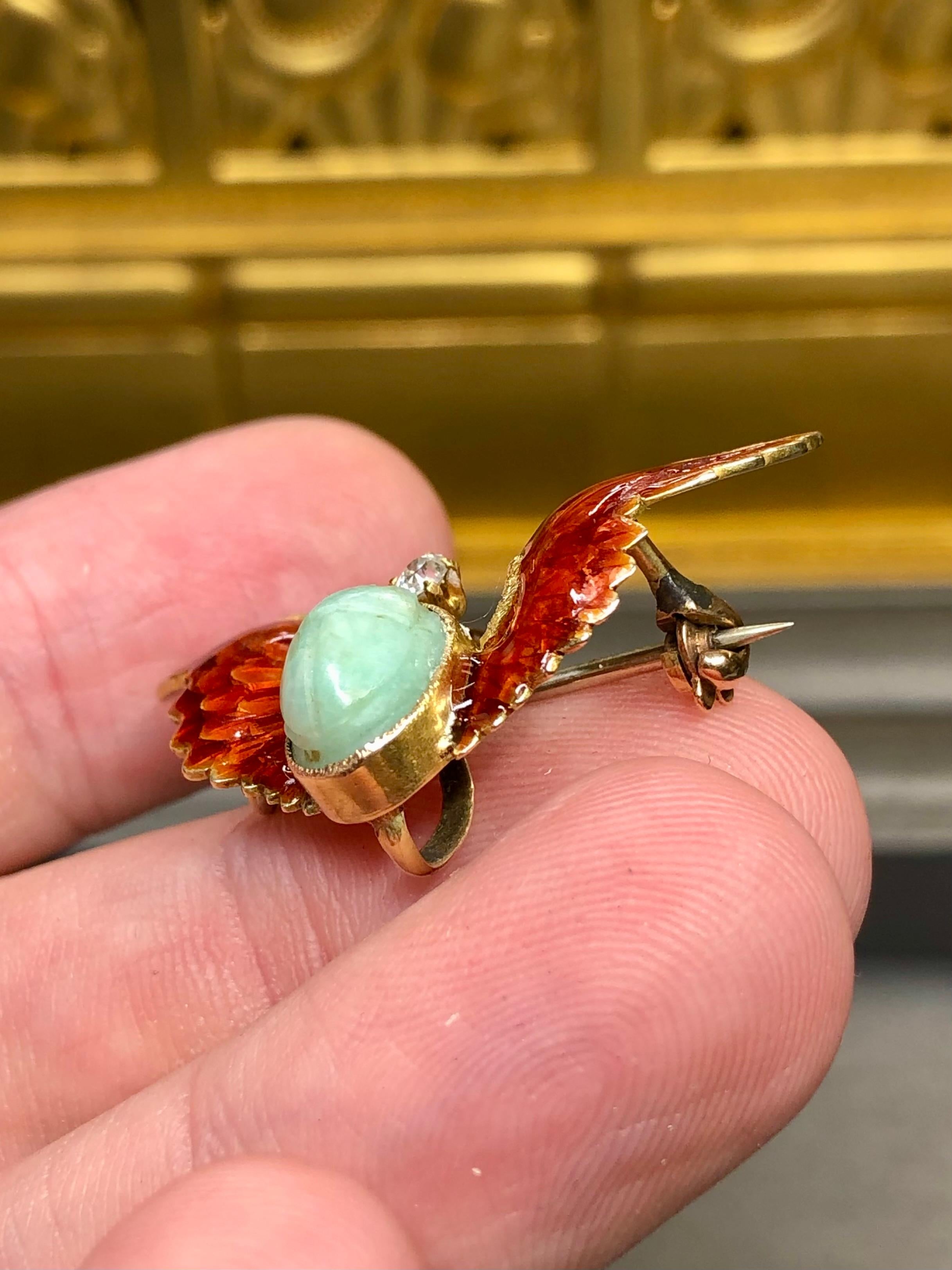 Art Nouveau 14K Enamel Old Mine Diamond Winged Turquoise Scarab Brooch For Sale 3