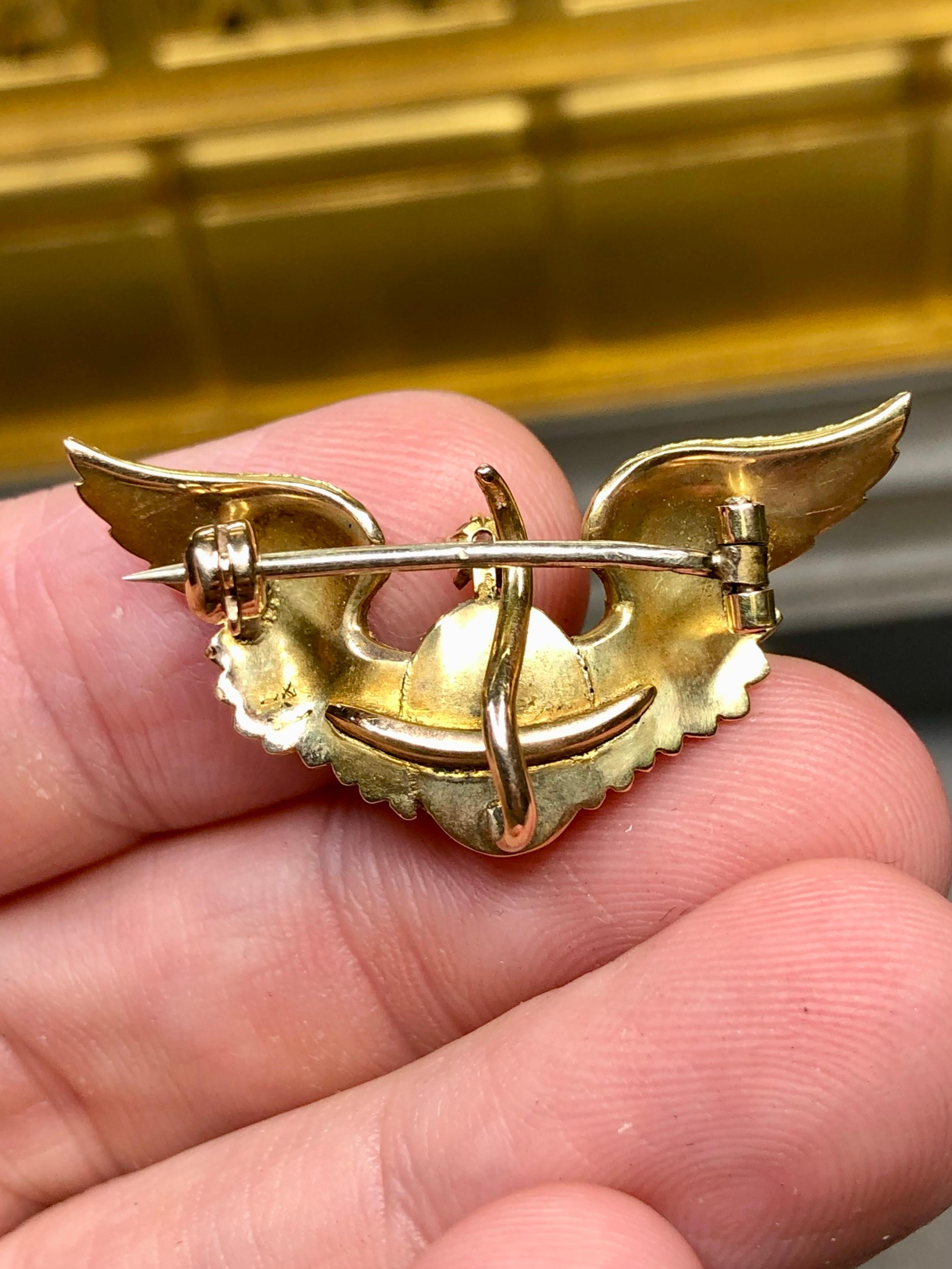 Art Nouveau 14K Enamel Old Mine Diamond Winged Turquoise Scarab Brooch For Sale 4