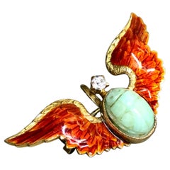 Art Nouveau 14K Enamel Old Mine Diamond Winged Turquoise Scarab Brooch