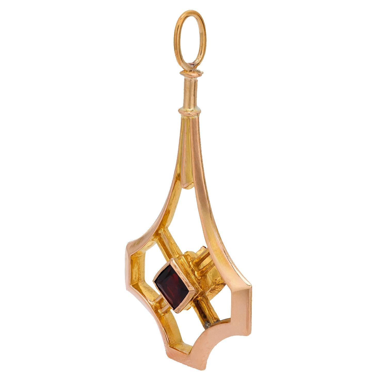 Quadrato Ciondolo con granato Art Nouveau 14k in vendita