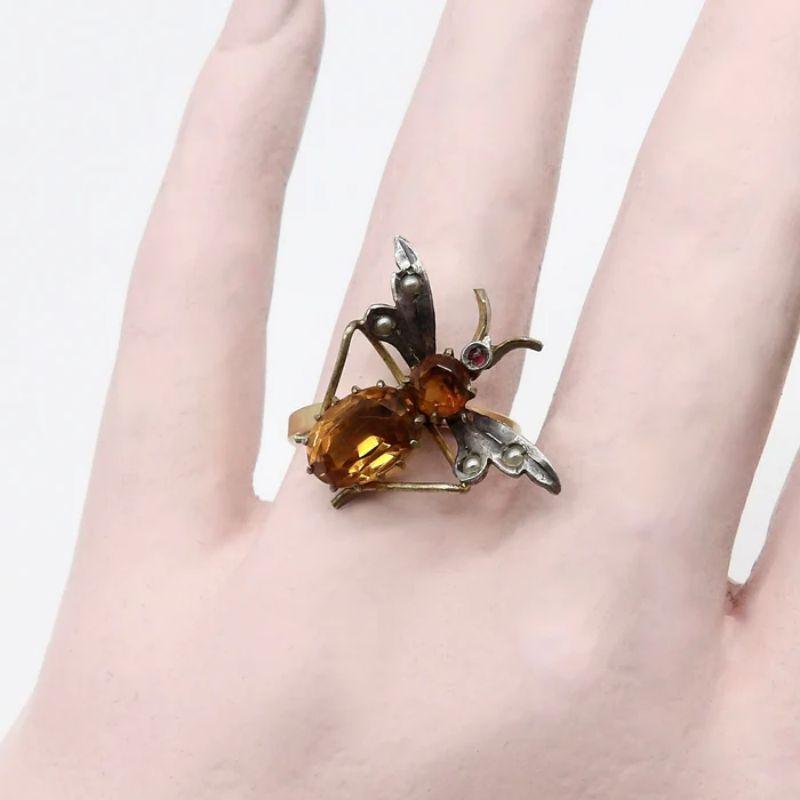 Oval Cut Art Nouveau 14K Gold and Silver Insect Ring with Topaz For Sale