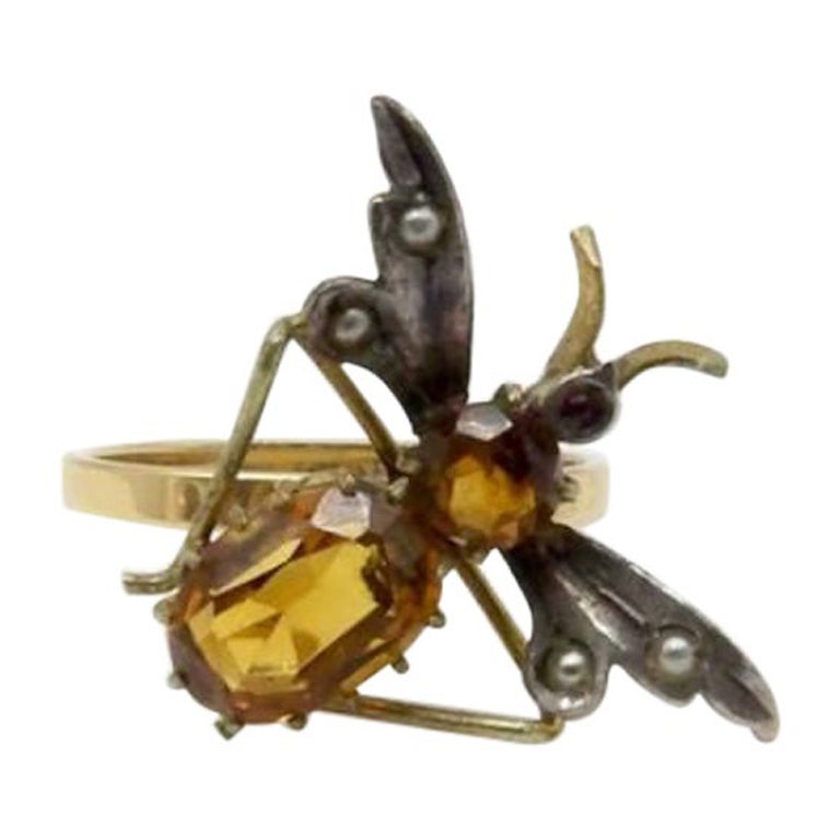 Art Nouveau 14K Gold and Silver Insect Ring with Topaz For Sale