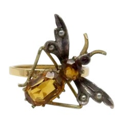 Art Nouveau 14K Gold and Silver Insect Ring with Topaz