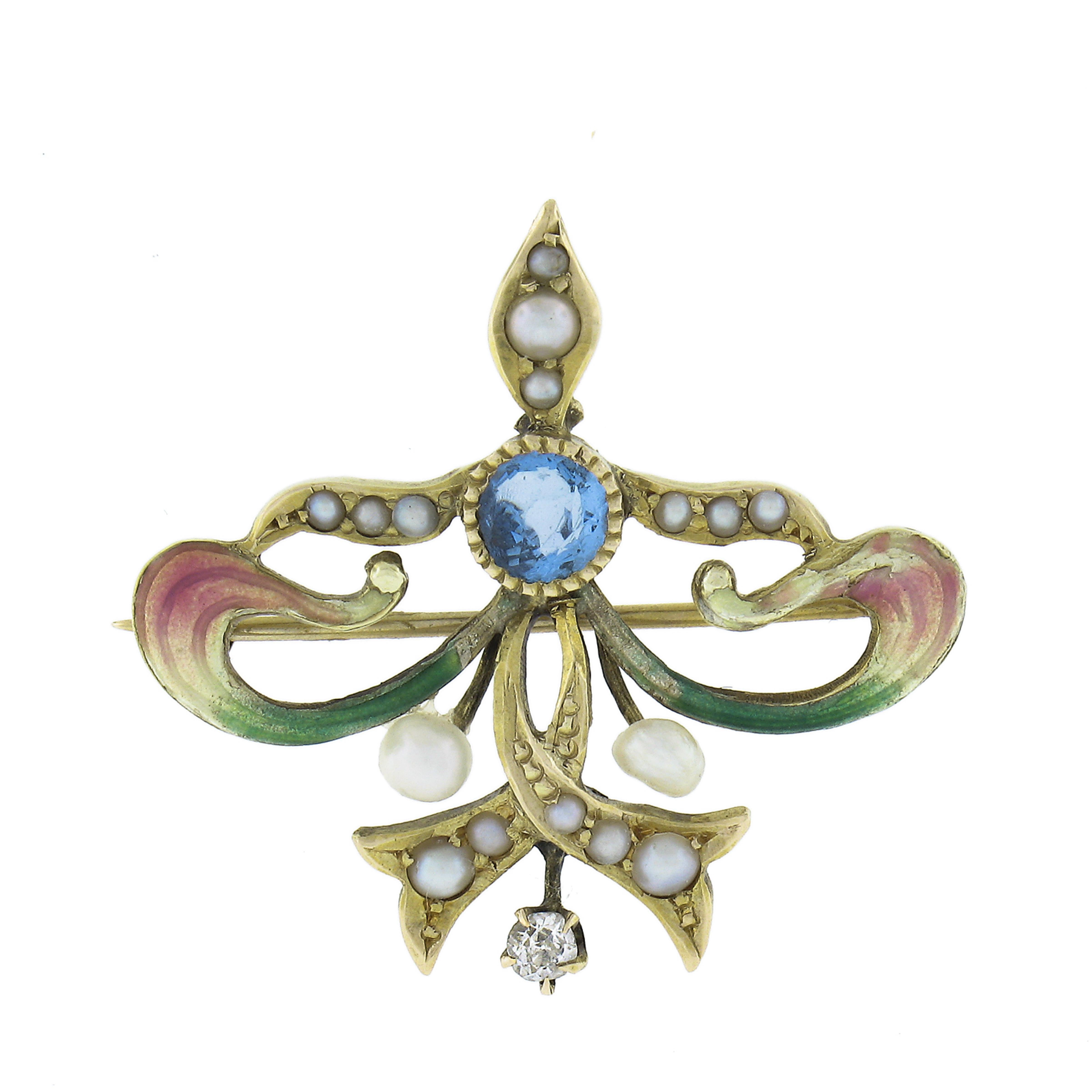 Round Cut Art Nouveau 14k Gold Blue Stone Diamond & Pearl Enamel Pin Brooch Pendant Chain For Sale