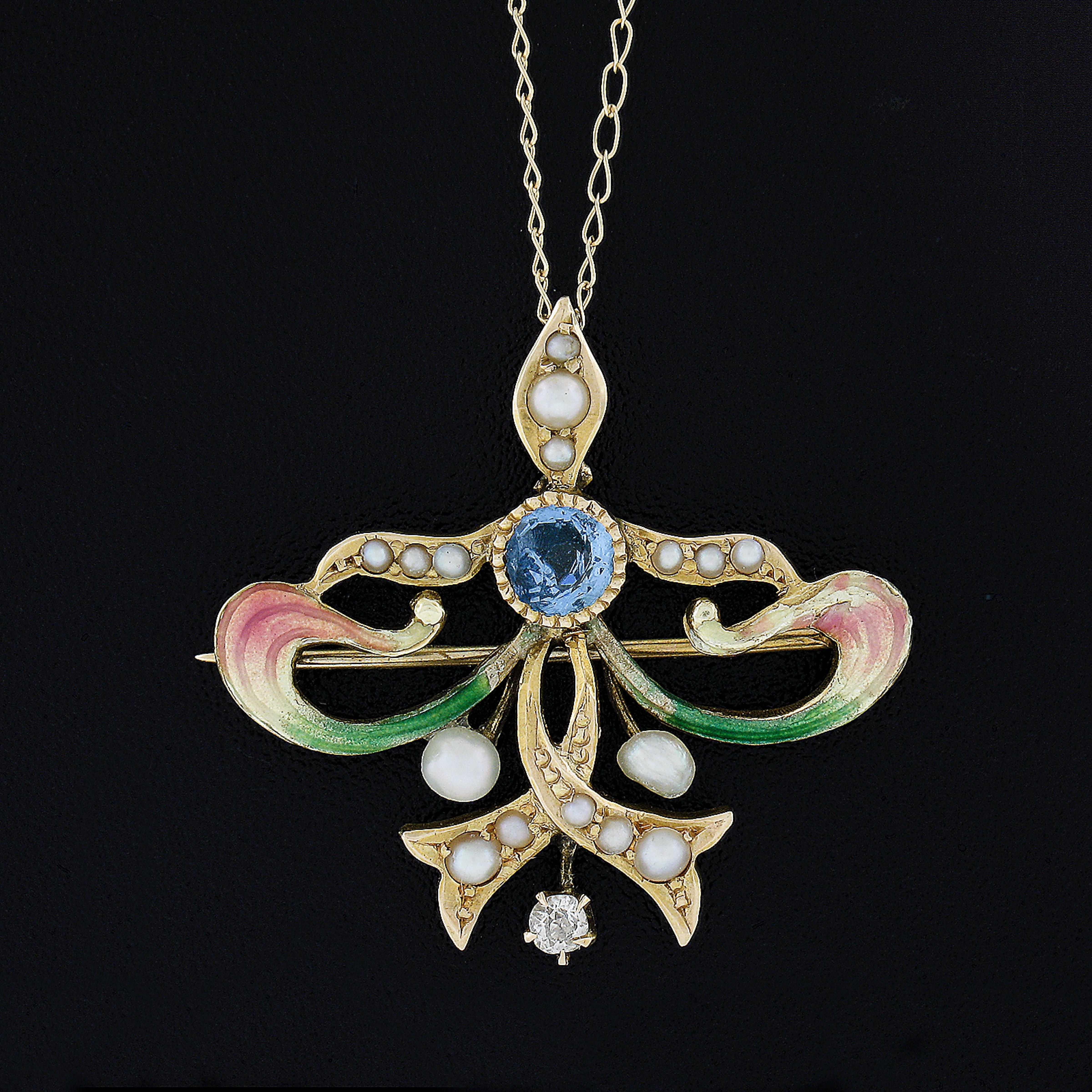Art Nouveau 14k Gold Blue Stone Diamond & Pearl Enamel Pin Brooch Pendant Chain In Good Condition For Sale In Montclair, NJ