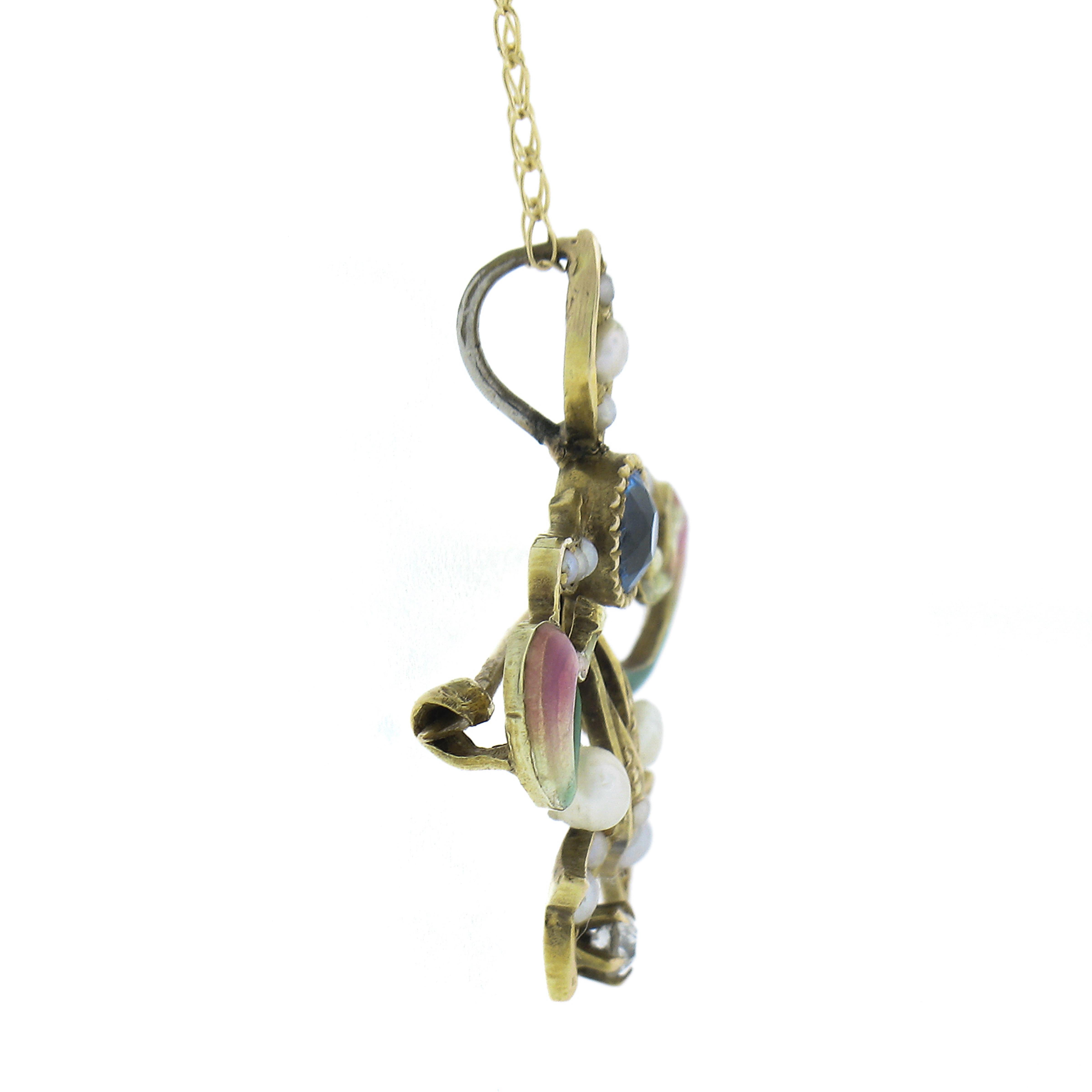Women's Art Nouveau 14k Gold Blue Stone Diamond & Pearl Enamel Pin Brooch Pendant Chain For Sale