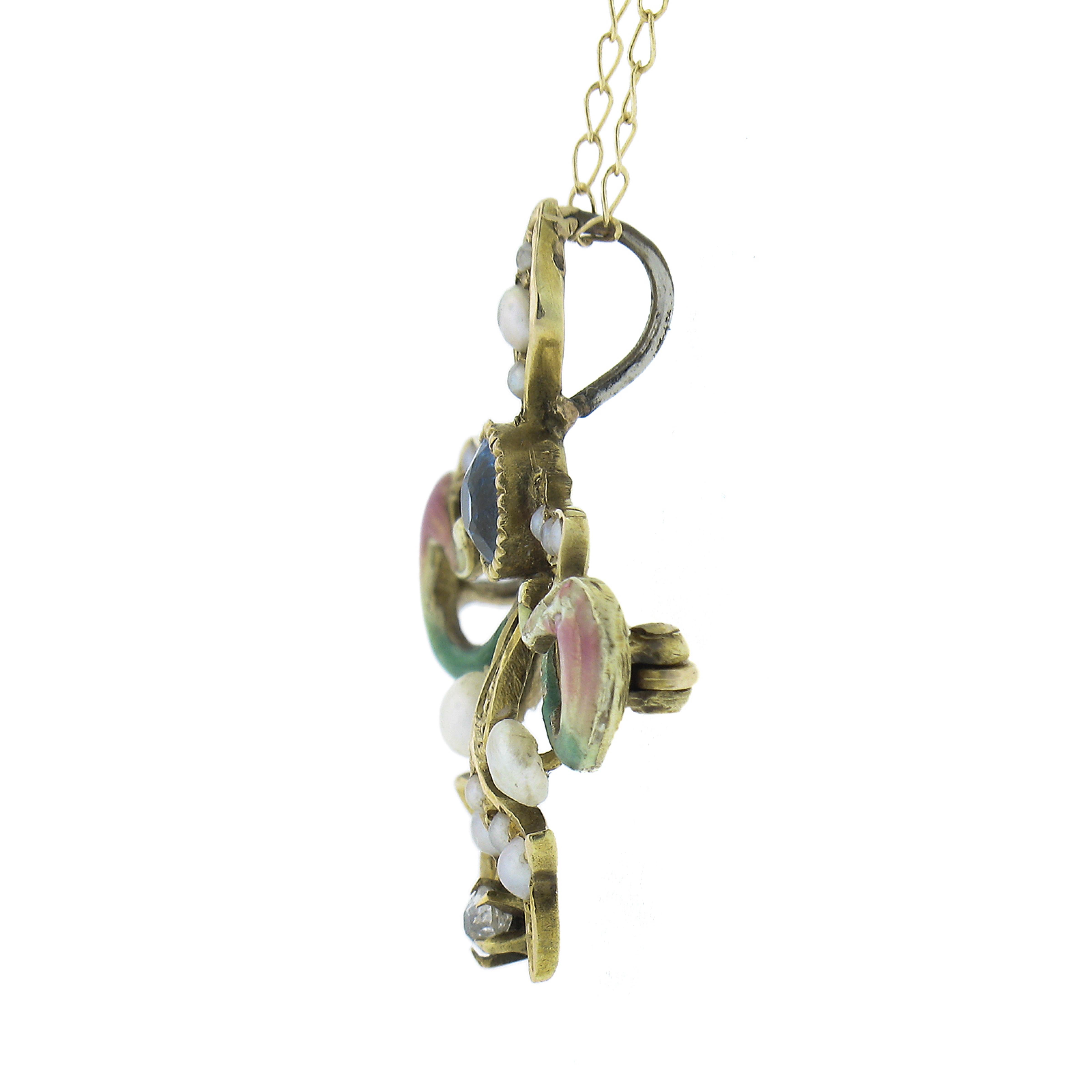 Art Nouveau 14k Gold Blue Stone Diamond & Pearl Enamel Pin Brooch Pendant Chain For Sale 1