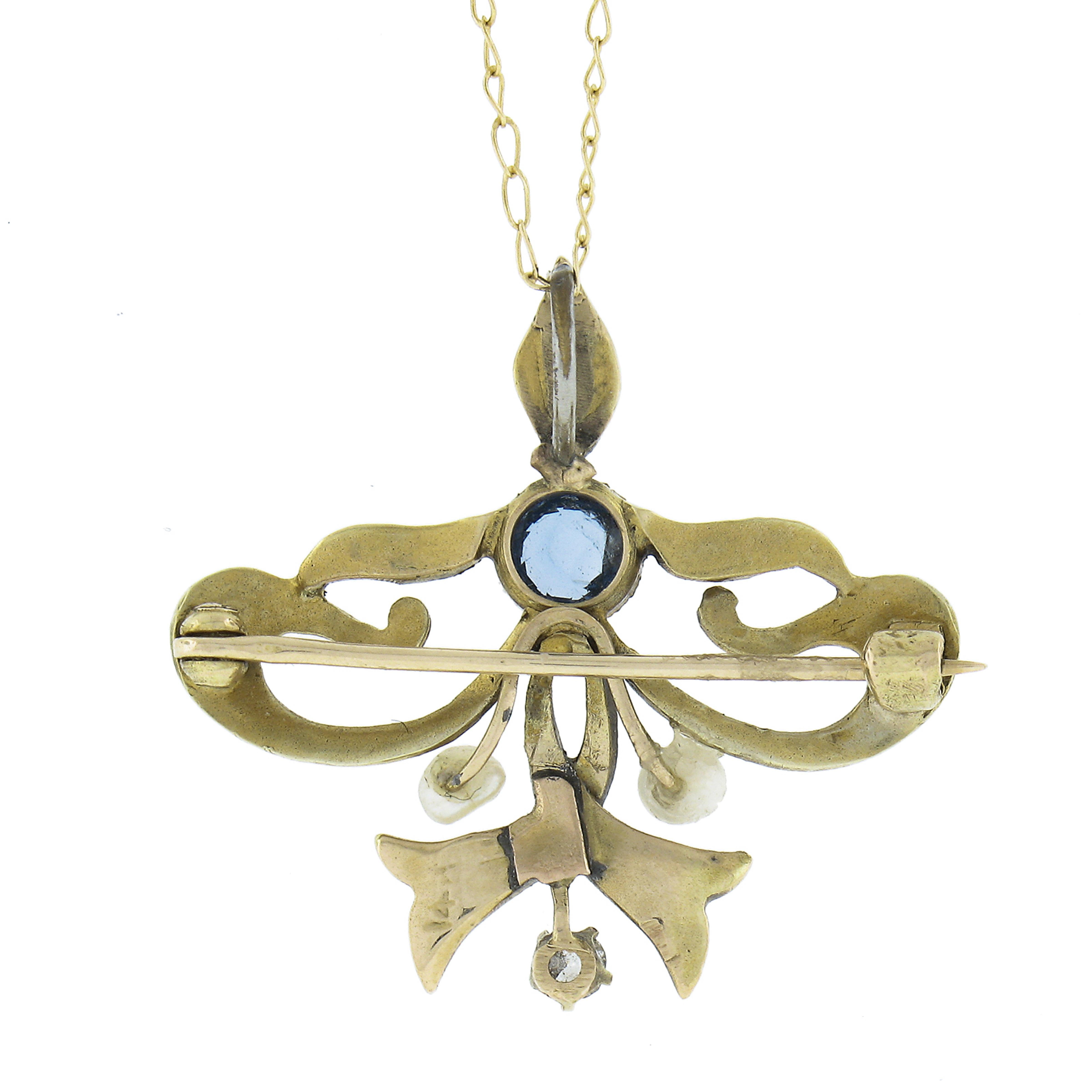 Art Nouveau 14k Gold Blue Stone Diamond & Pearl Enamel Pin Brooch Pendant Chain For Sale 2