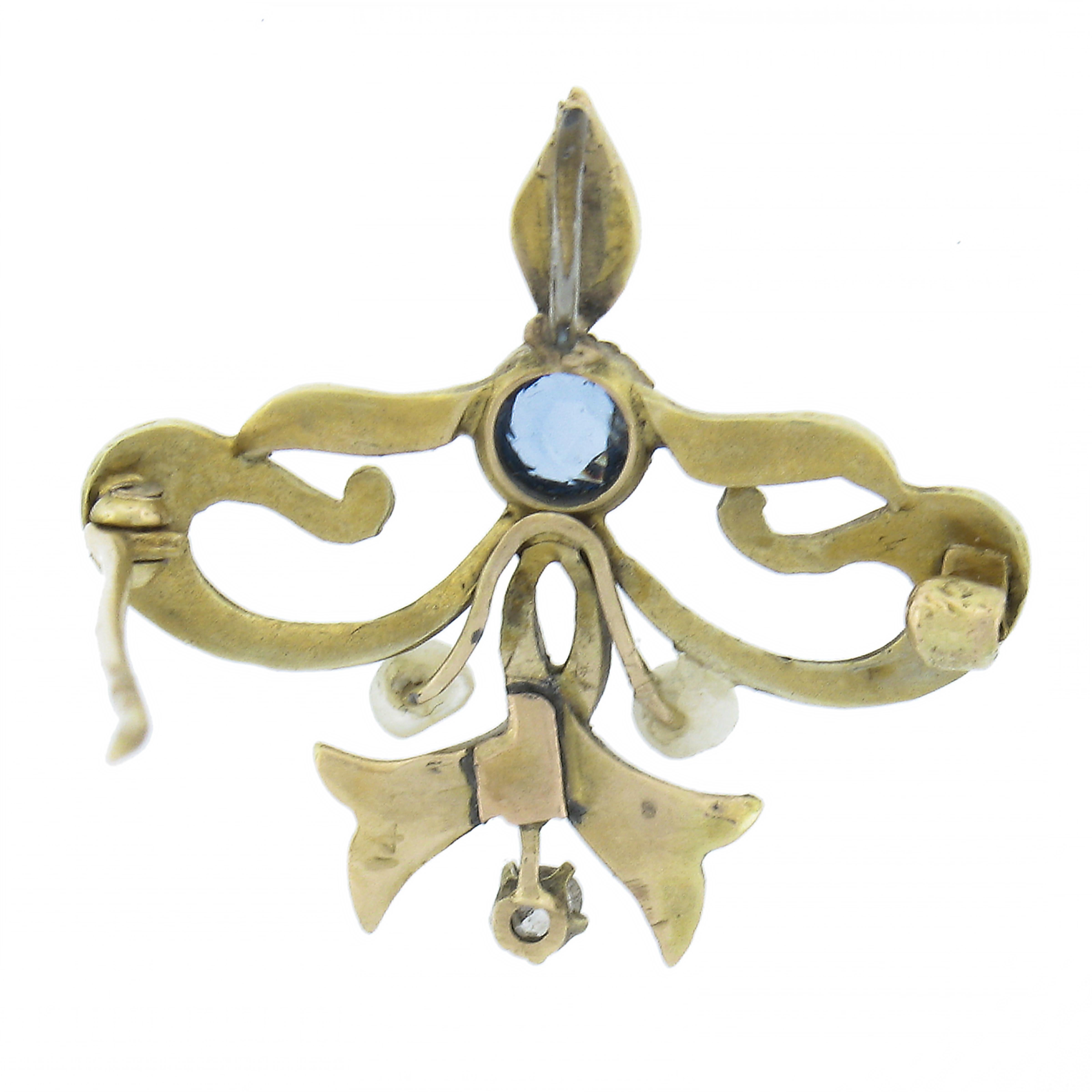 Art Nouveau 14k Gold Blue Stone Diamond & Pearl Enamel Pin Brooch Pendant Chain For Sale 3