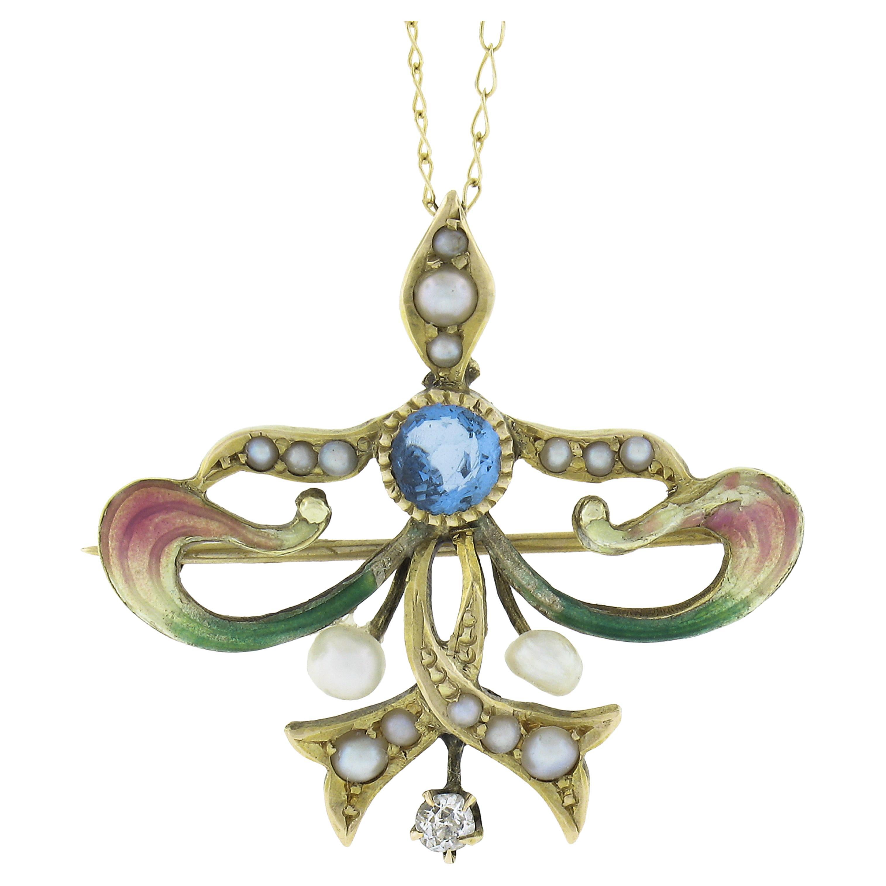Chaîne pendentif broche Art nouveau en or 14 carats, diamants, perles et émail