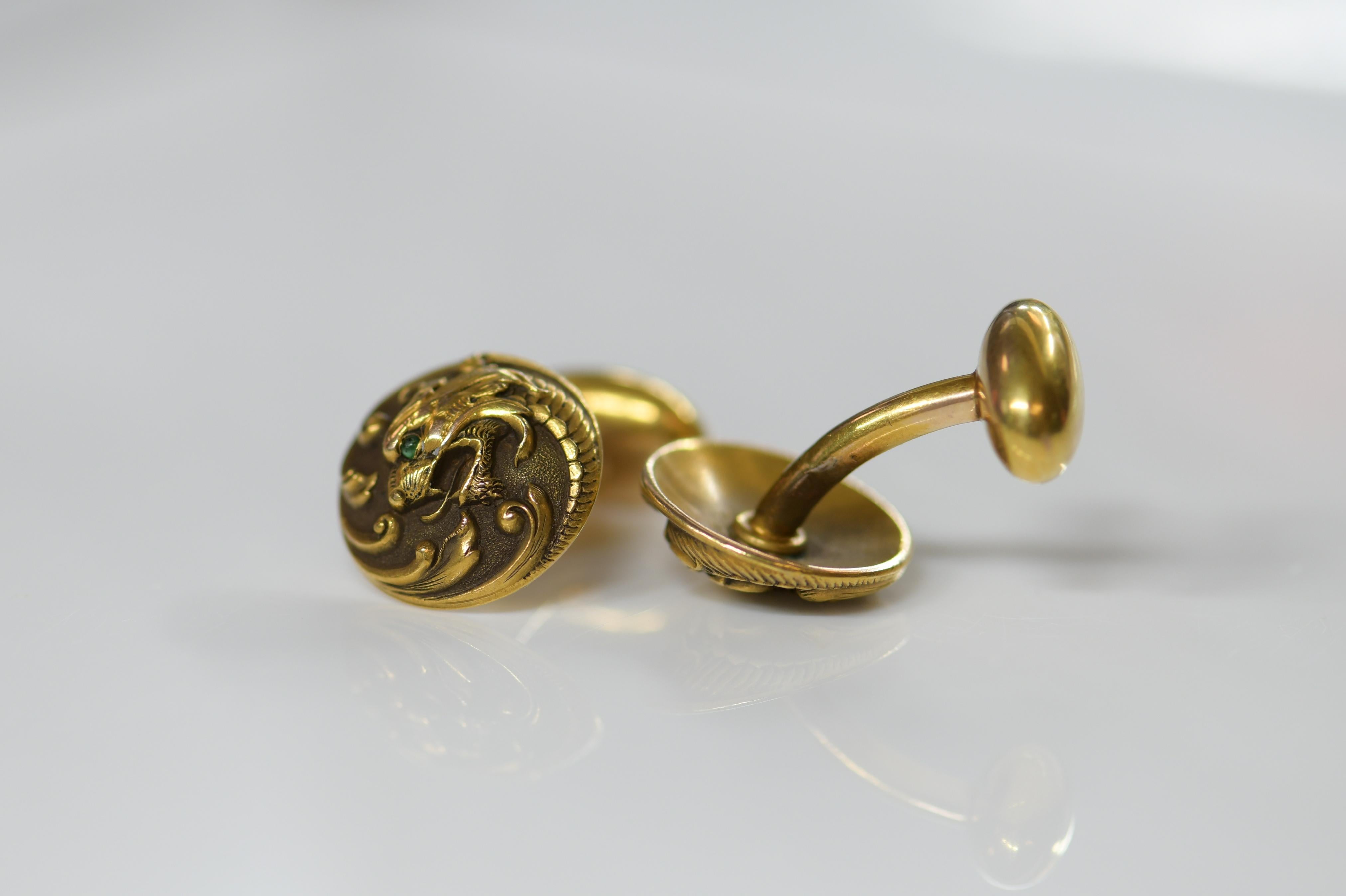 Women's or Men's Art Nouveau 14 Karat Gold Dragon Cufflinks For Sale
