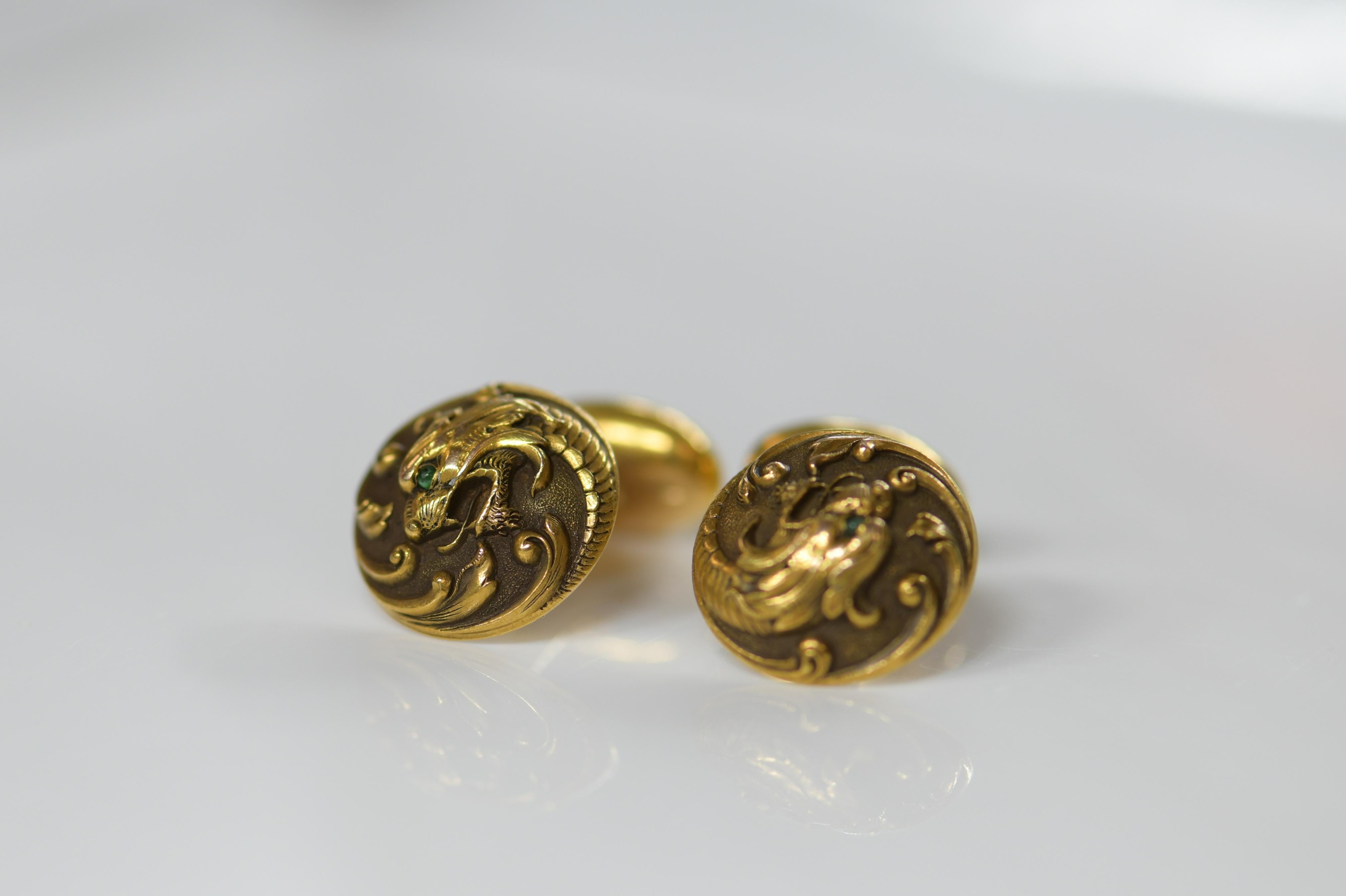 Art Nouveau 14 Karat Gold Dragon Cufflinks For Sale 1