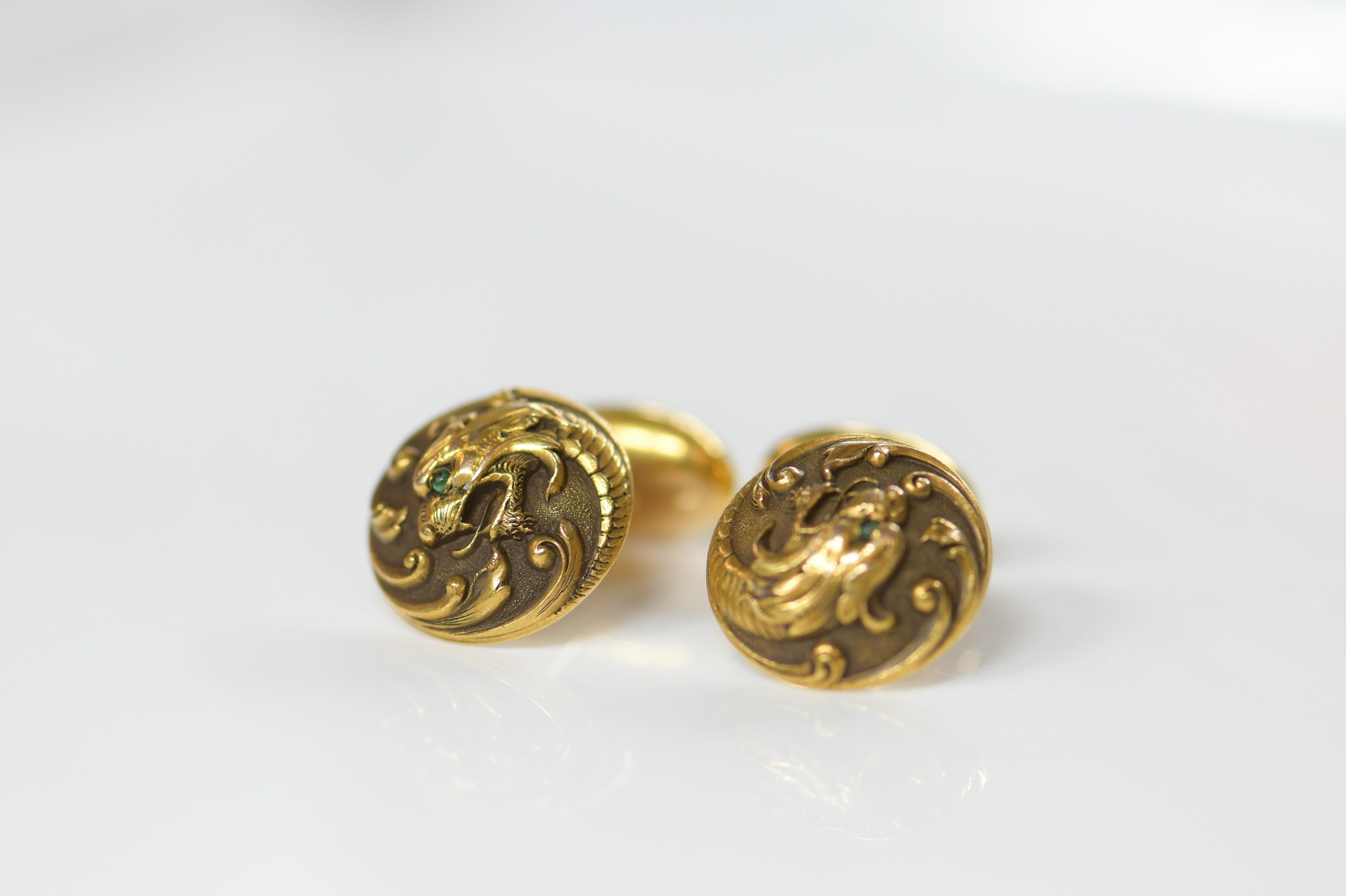 Art Nouveau 14 Karat Gold Dragon Cufflinks For Sale 2