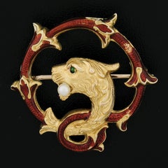 Pendentif broche Art Nouveau en or 14 carats avec dragon, perle et tsavorite texturée
