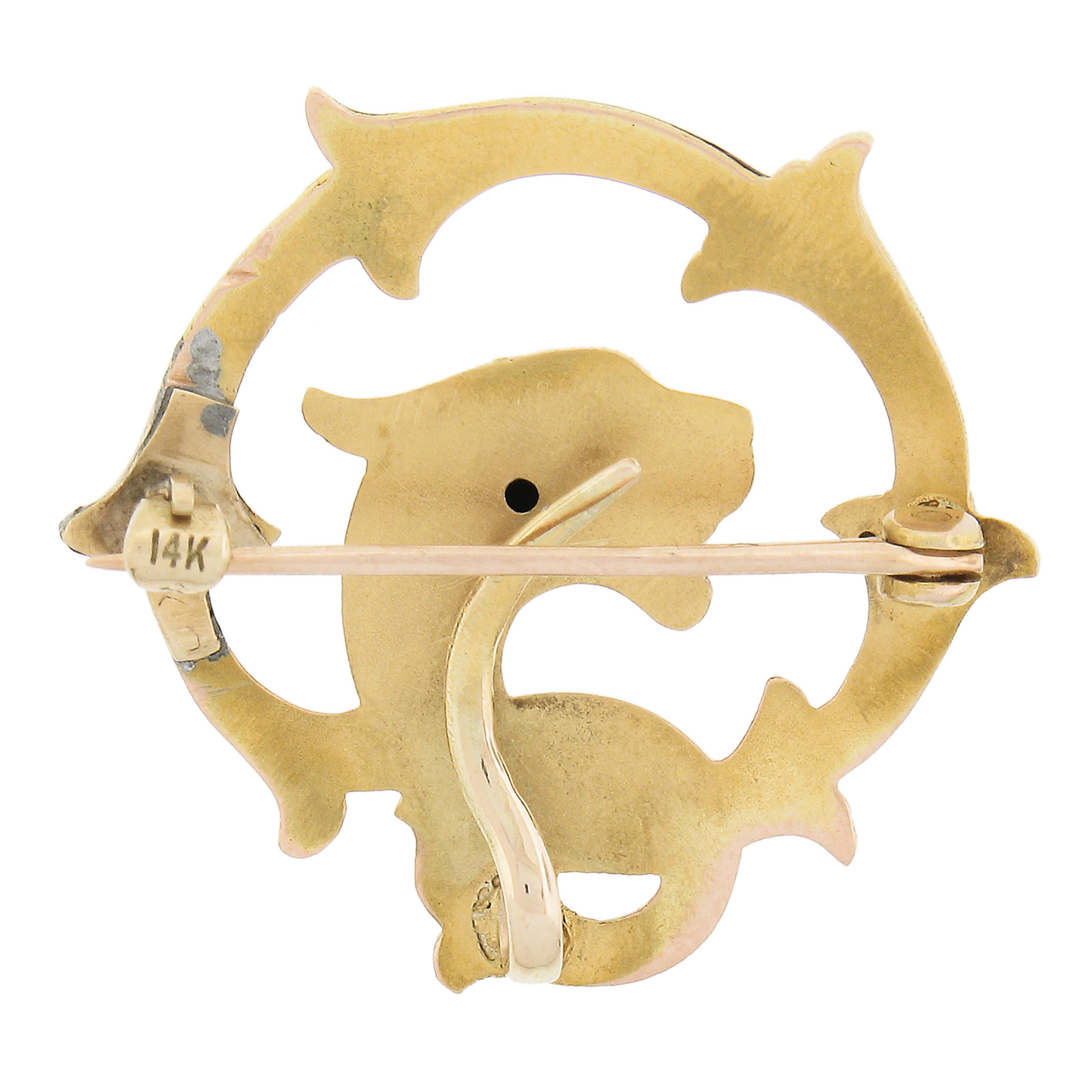 Round Cut Art Nouveau 14k Gold Dragon w/ Pearl & Tsavorite Textured Enamel Brooch Pendant