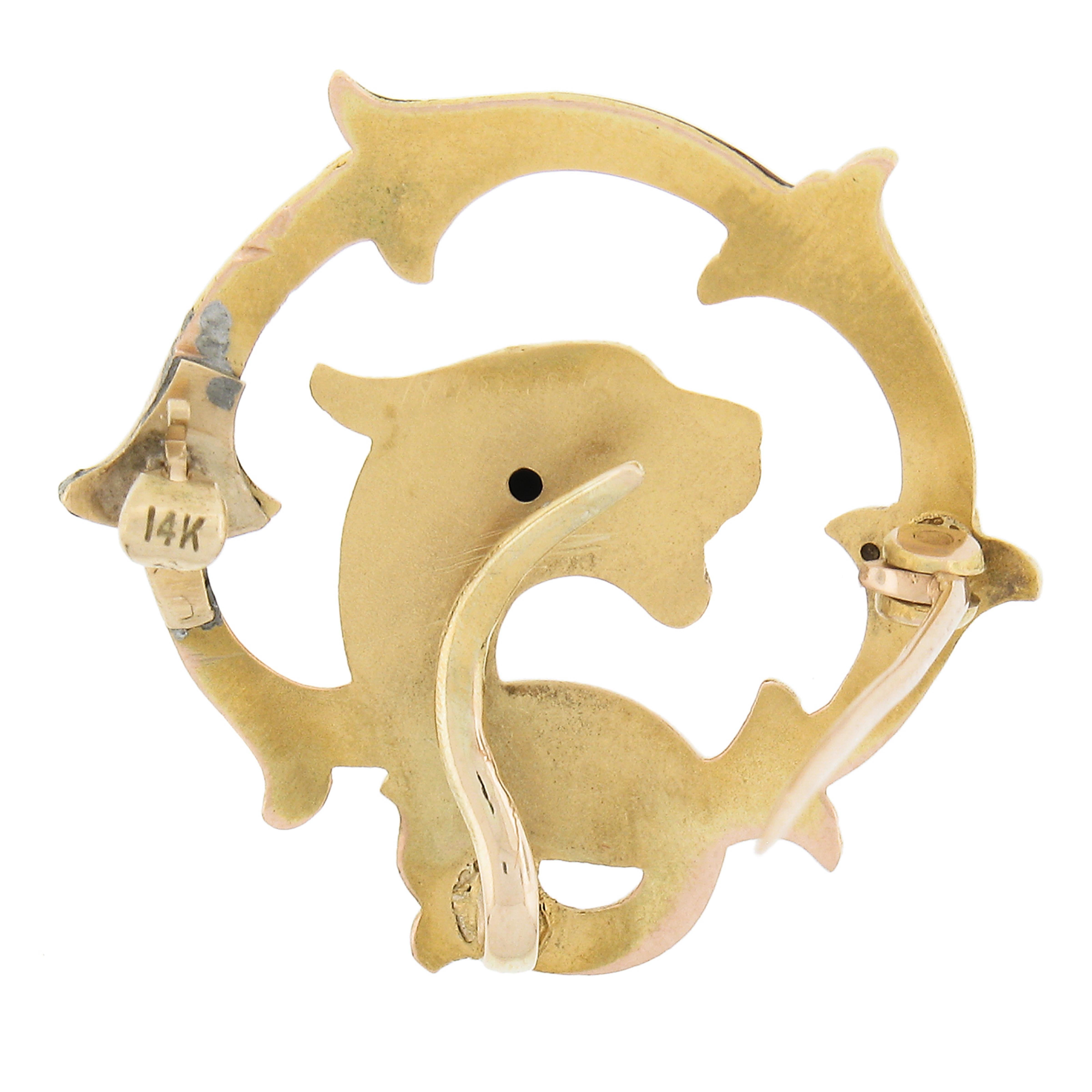 Art Nouveau 14k Gold Dragon w/ Pearl & Tsavorite Textured Enamel Brooch Pendant In Good Condition For Sale In Montclair, NJ