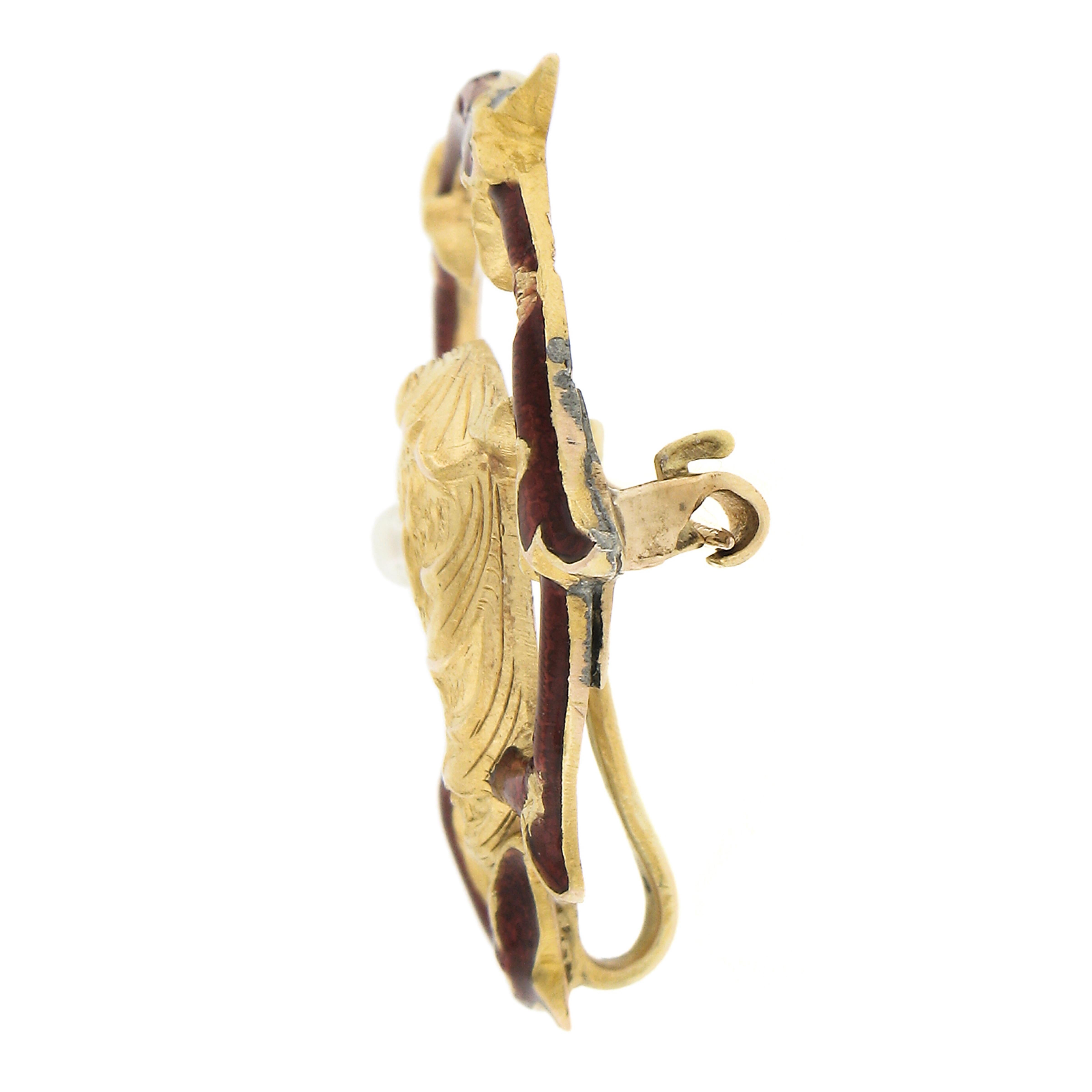 Women's Art Nouveau 14k Gold Dragon w/ Pearl & Tsavorite Textured Enamel Brooch Pendant For Sale