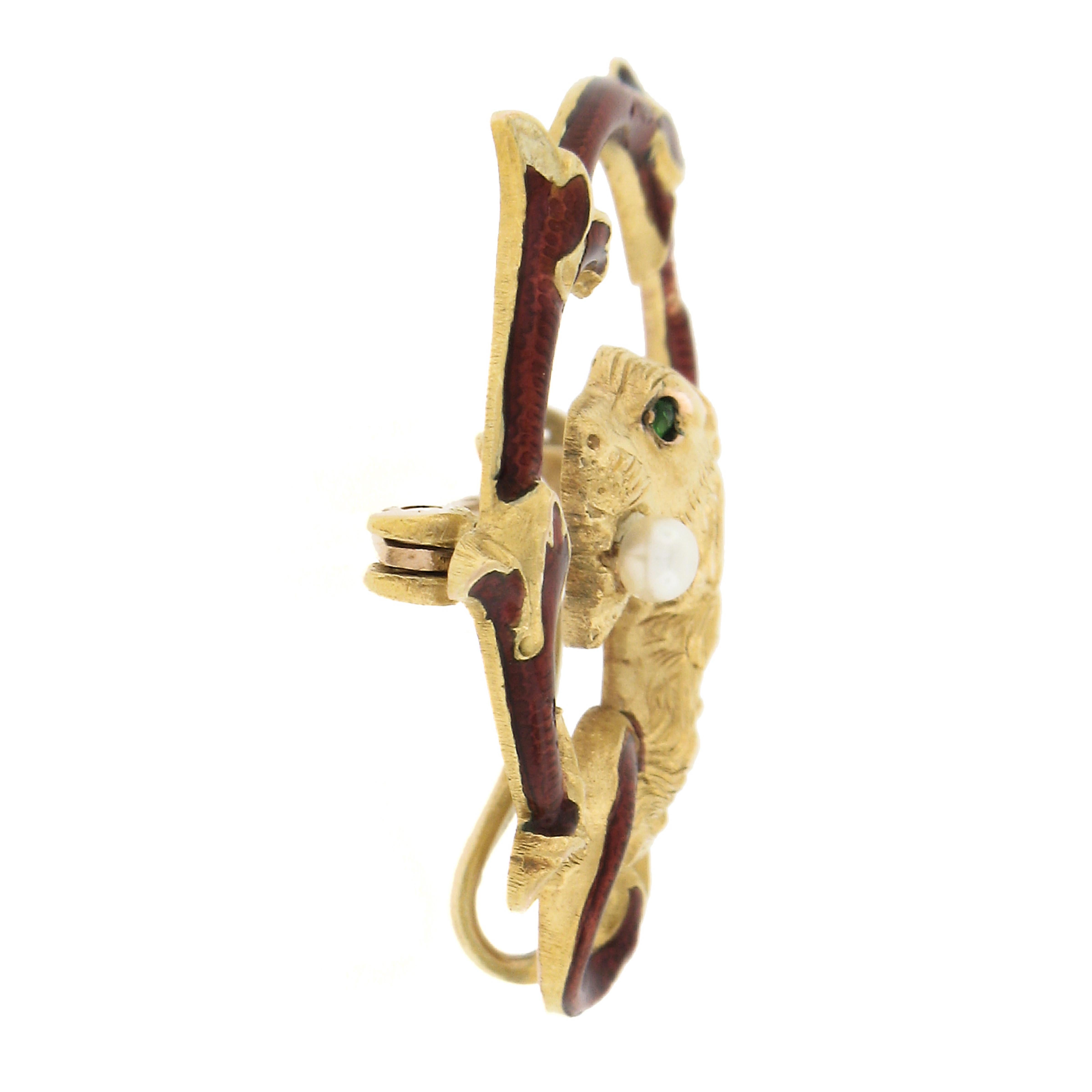 Art Nouveau 14k Gold Dragon w/ Pearl & Tsavorite Textured Enamel Brooch Pendant 1