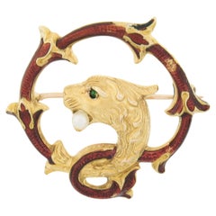 Antique Art Nouveau 14k Gold Dragon w/ Pearl & Tsavorite Textured Enamel Brooch Pendant