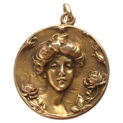Art Nouveau Portrait with Roses 14k Gold Locket Pendant