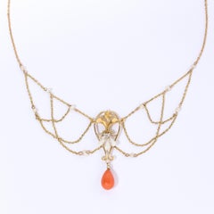 Art Nouveau 14k Gold, Pearl, Coral and Diamond Swag Necklace