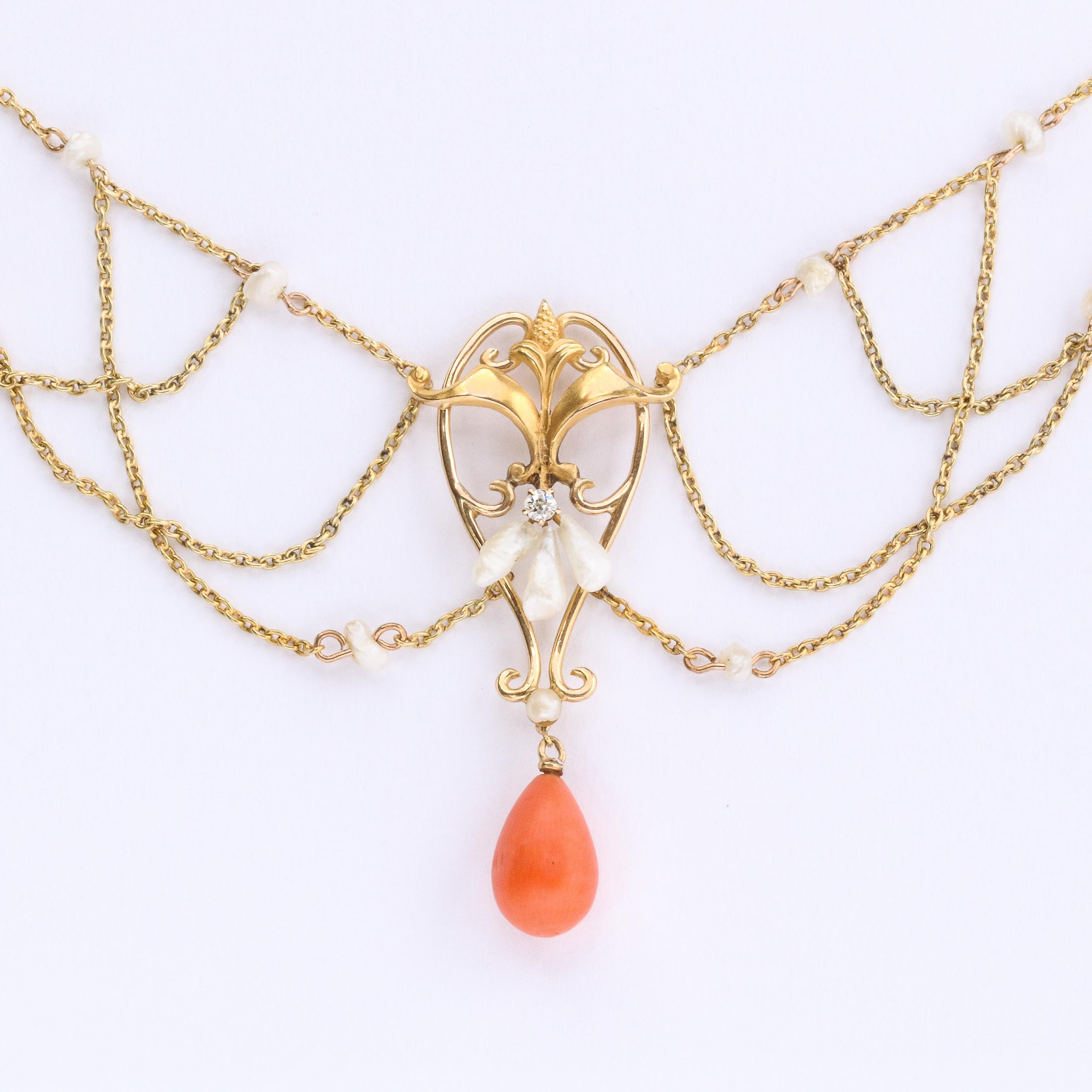 Old European Cut Art Nouveau 14k Gold, Pearl, Coral and Diamond Swag Necklace For Sale