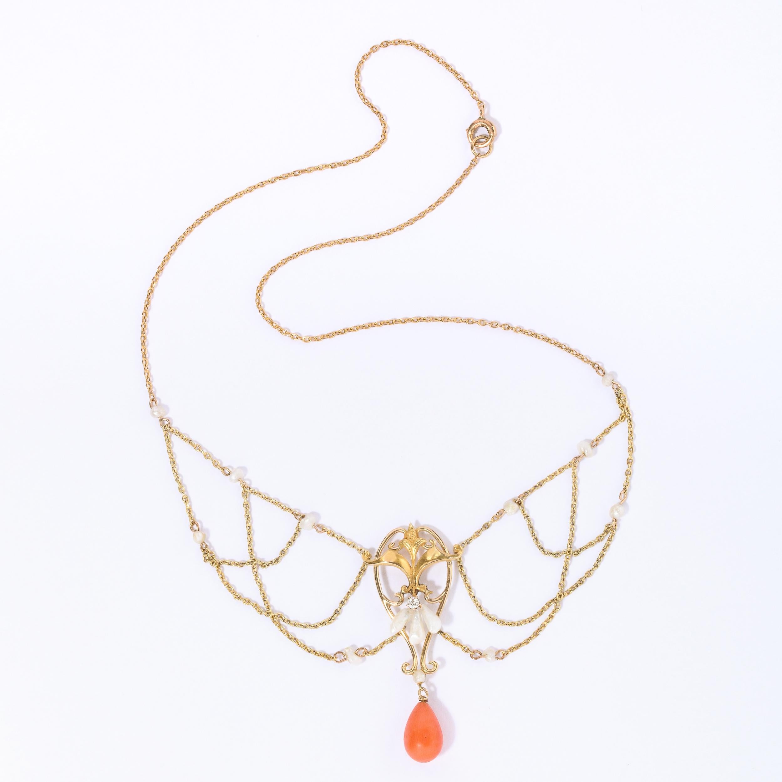 Women's Art Nouveau 14k Gold, Pearl, Coral and Diamond Swag Necklace For Sale