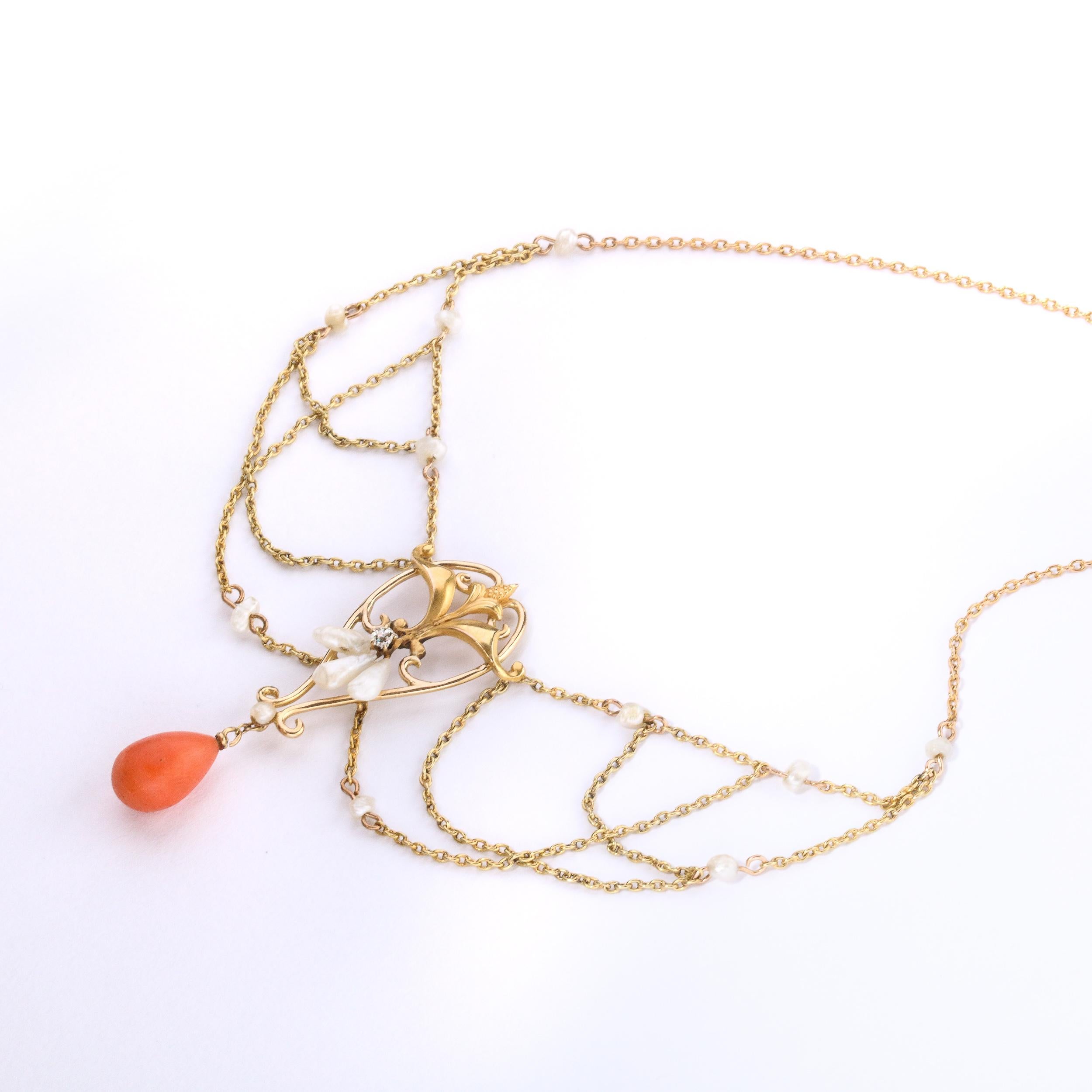 Art Nouveau 14k Gold, Pearl, Coral and Diamond Swag Necklace For Sale 1