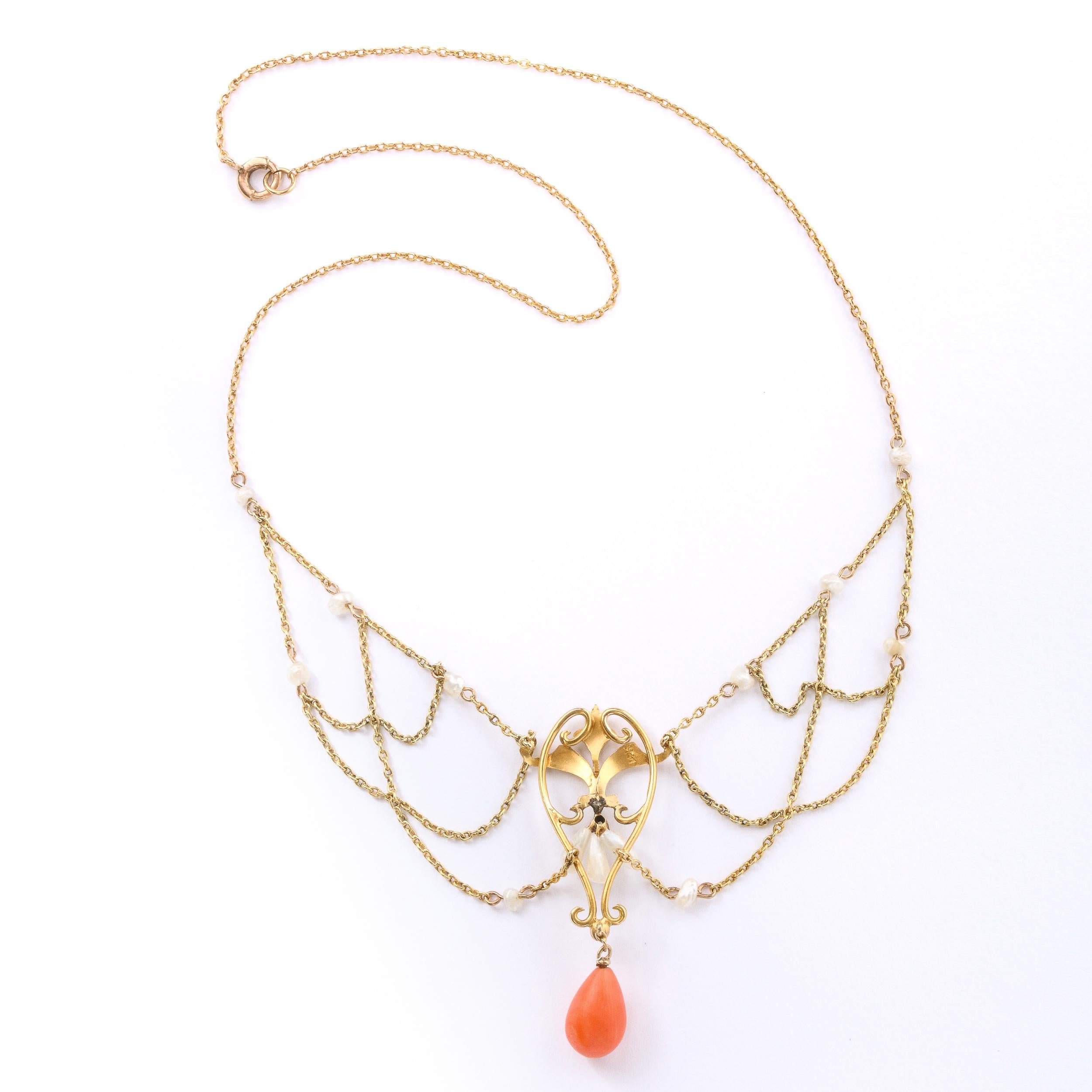 Art Nouveau 14k Gold, Pearl, Coral and Diamond Swag Necklace For Sale 2