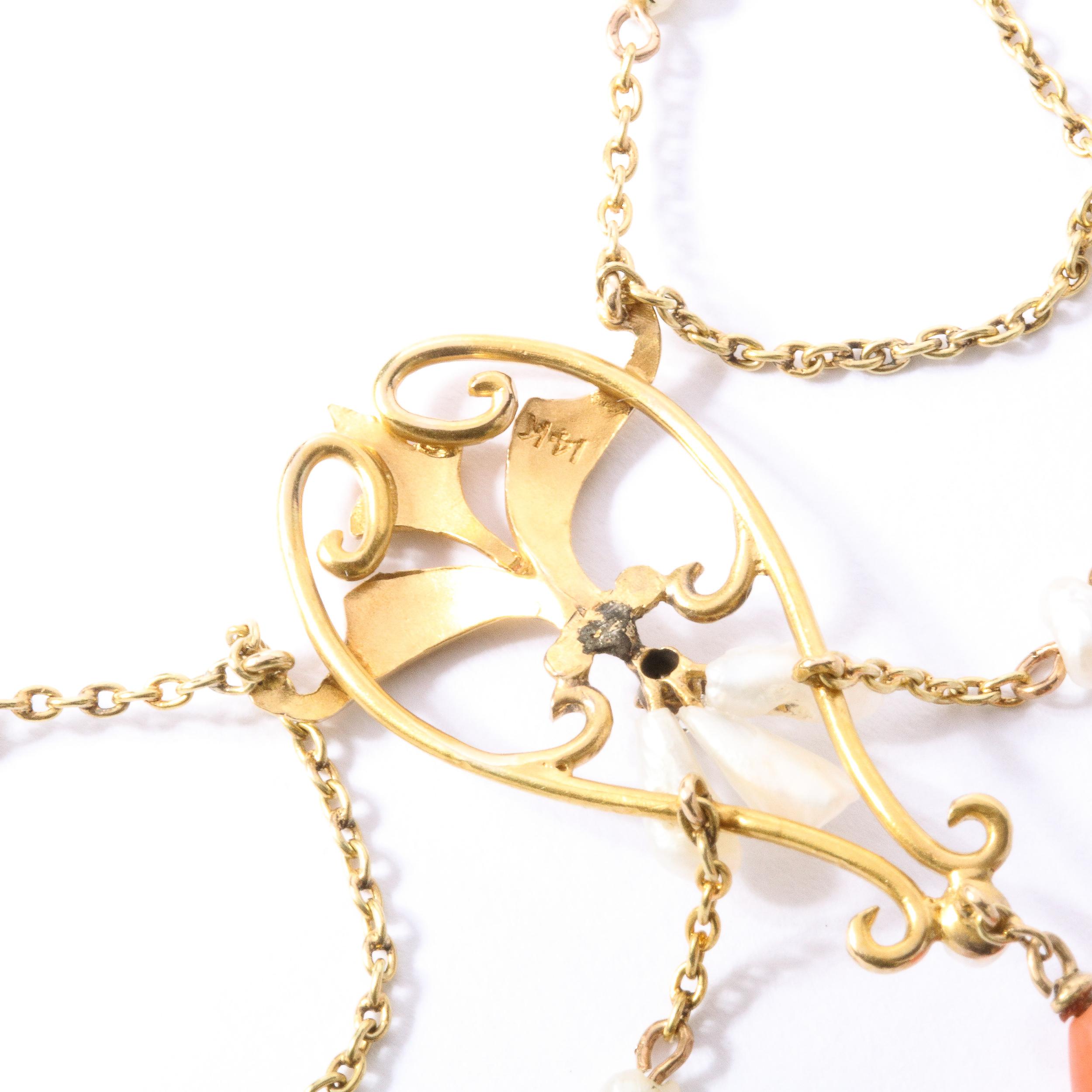 Swag-Halskette im Jugendstil aus 14 Karat Gold, Perlen, Korallen und Diamanten im Angebot 2