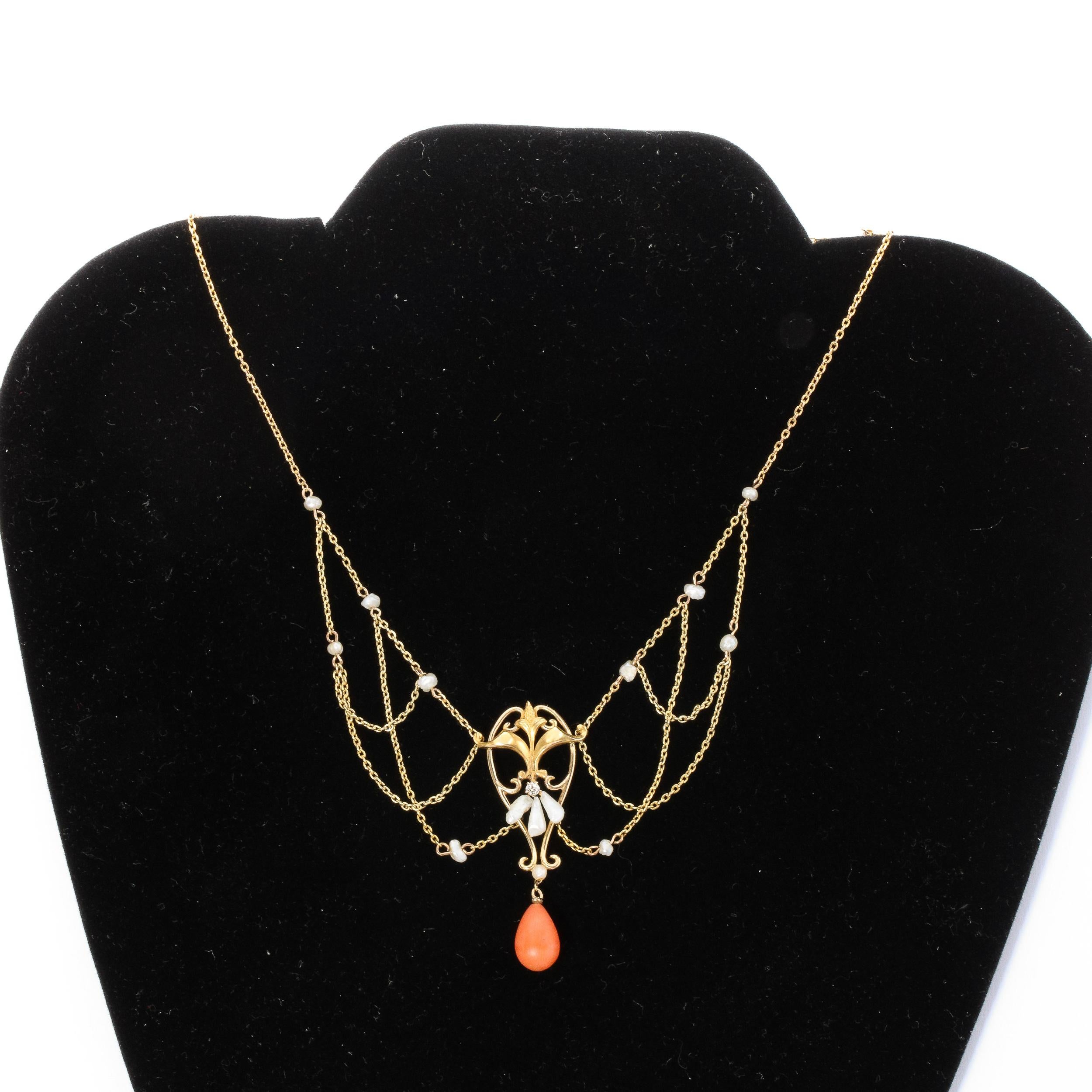 Art Nouveau 14k Gold, Pearl, Coral and Diamond Swag Necklace For Sale 4